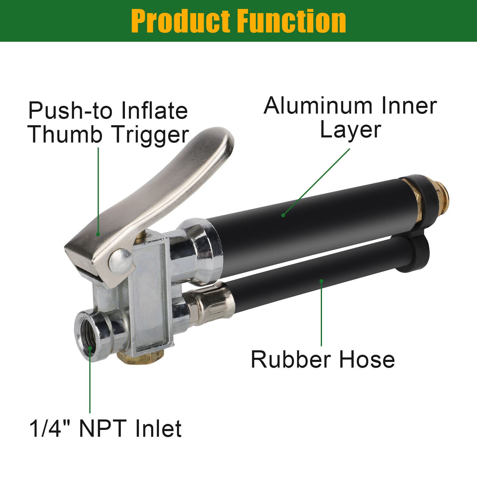 Air Tire Inflator With Pressure Gauge Dual Head Chuck 12" Compressor Rubber Hose