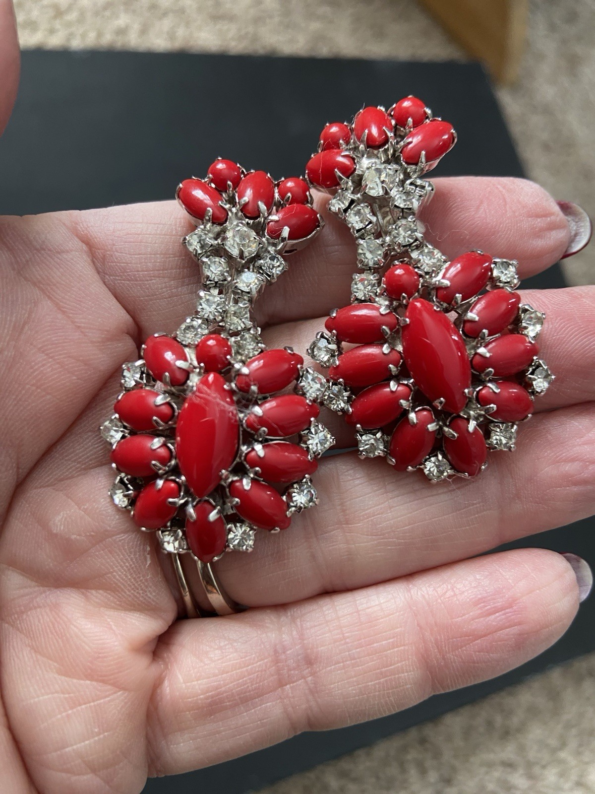 Vintage By Gale Demi Parure Deep Red Rhinestone Choker Bracelet Clip Earrings