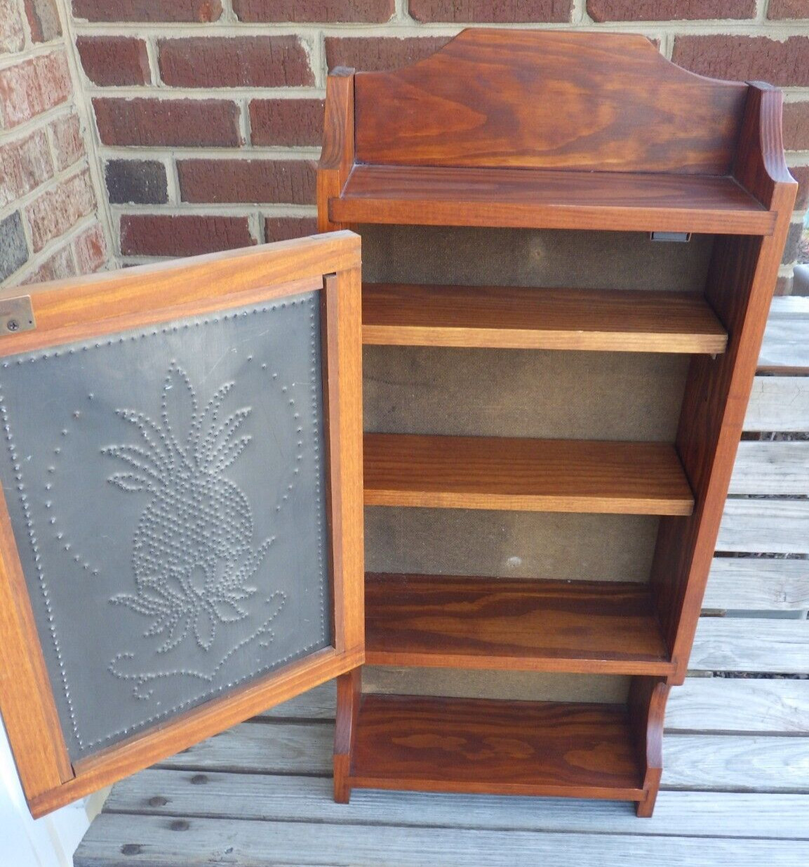 Wall Cabinet Mahogany Wood Punched Tin Pineapple Motif Farmhouse Décor