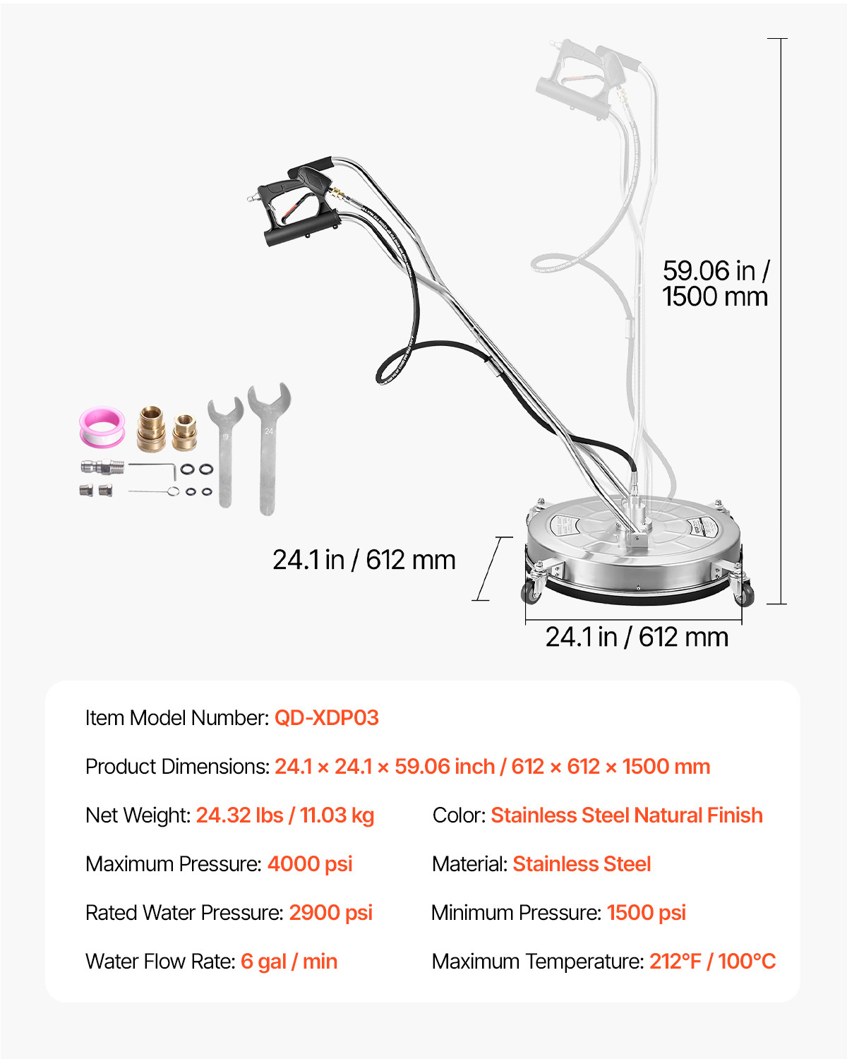 VEVOR 24" Pressure Washer Surface Cleaner 4 Wheels Dual Handle 4000 Max PSI