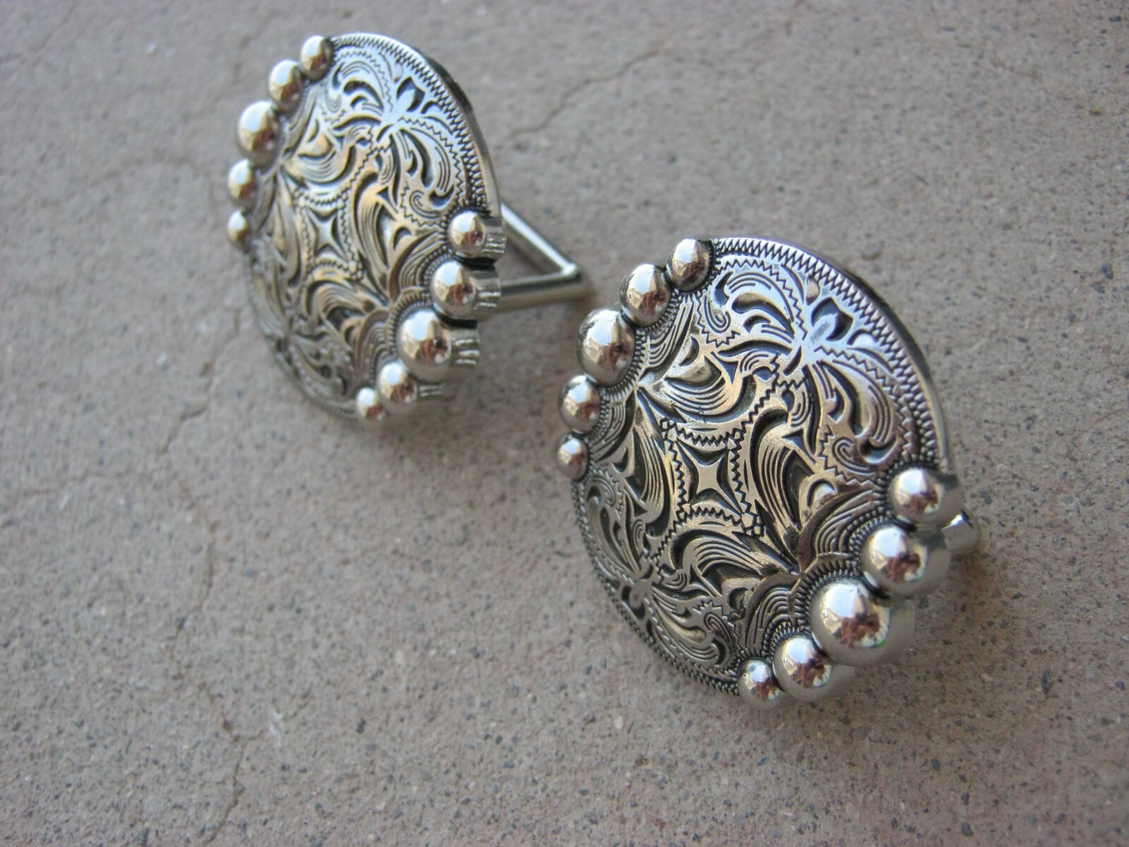 Engraved Nickel Plate Silver Spot Concho Browband Loop Back Rosette Set of 2