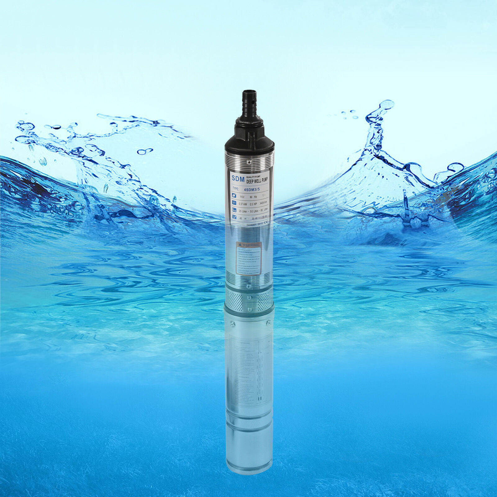 0.5HP 16GPM Submersible Deep Well Groundwater Pump Stainless Steel 3.6m³/h 110V