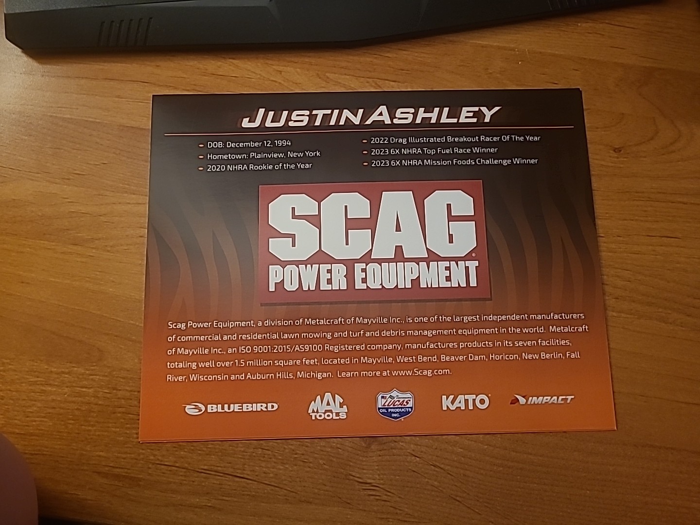 2024 Justin Ashley NHRA Hero Card Autographed Signed