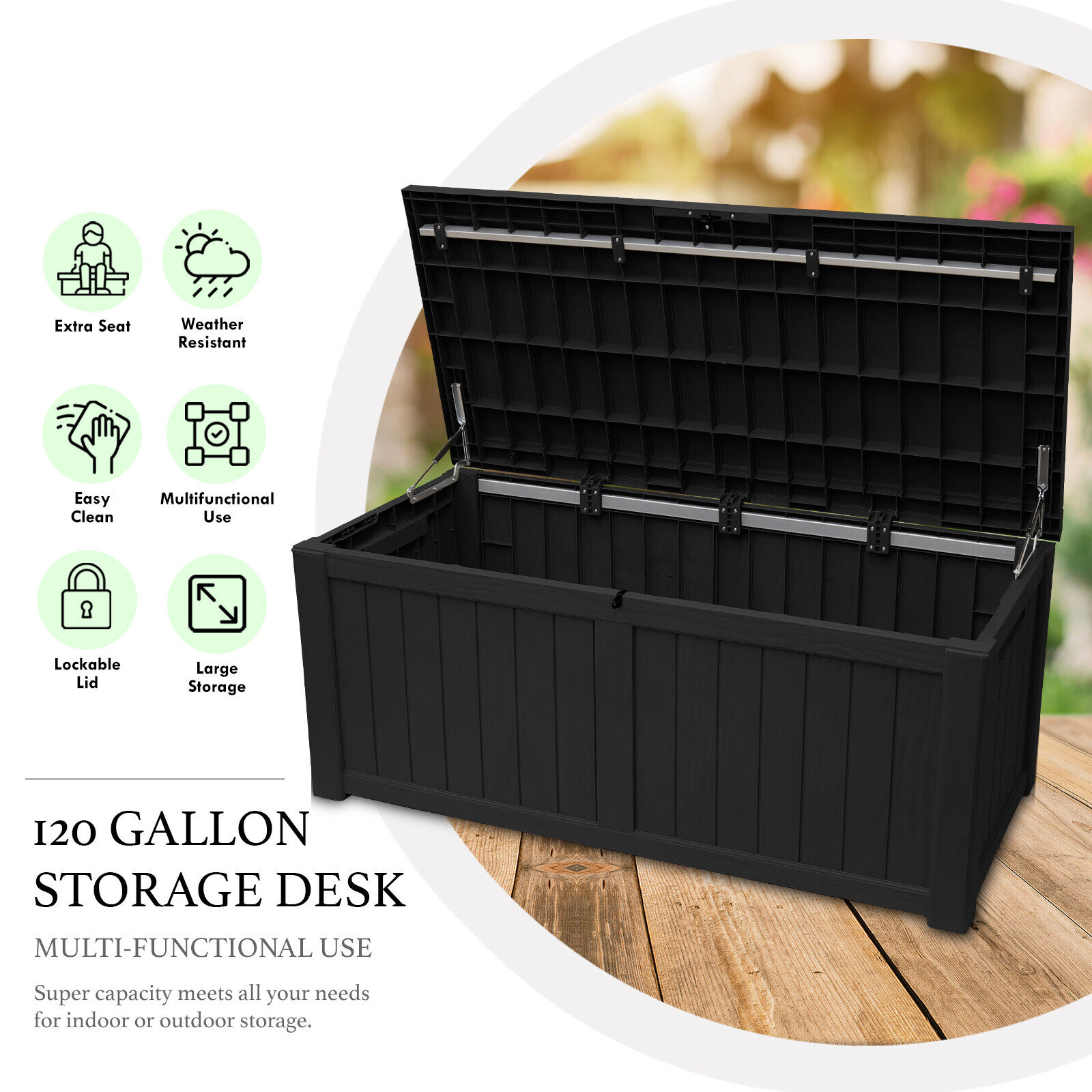 120 Gallon Deck Box Storage Outdoor Garden Patio Chest Organizer Furniture Black