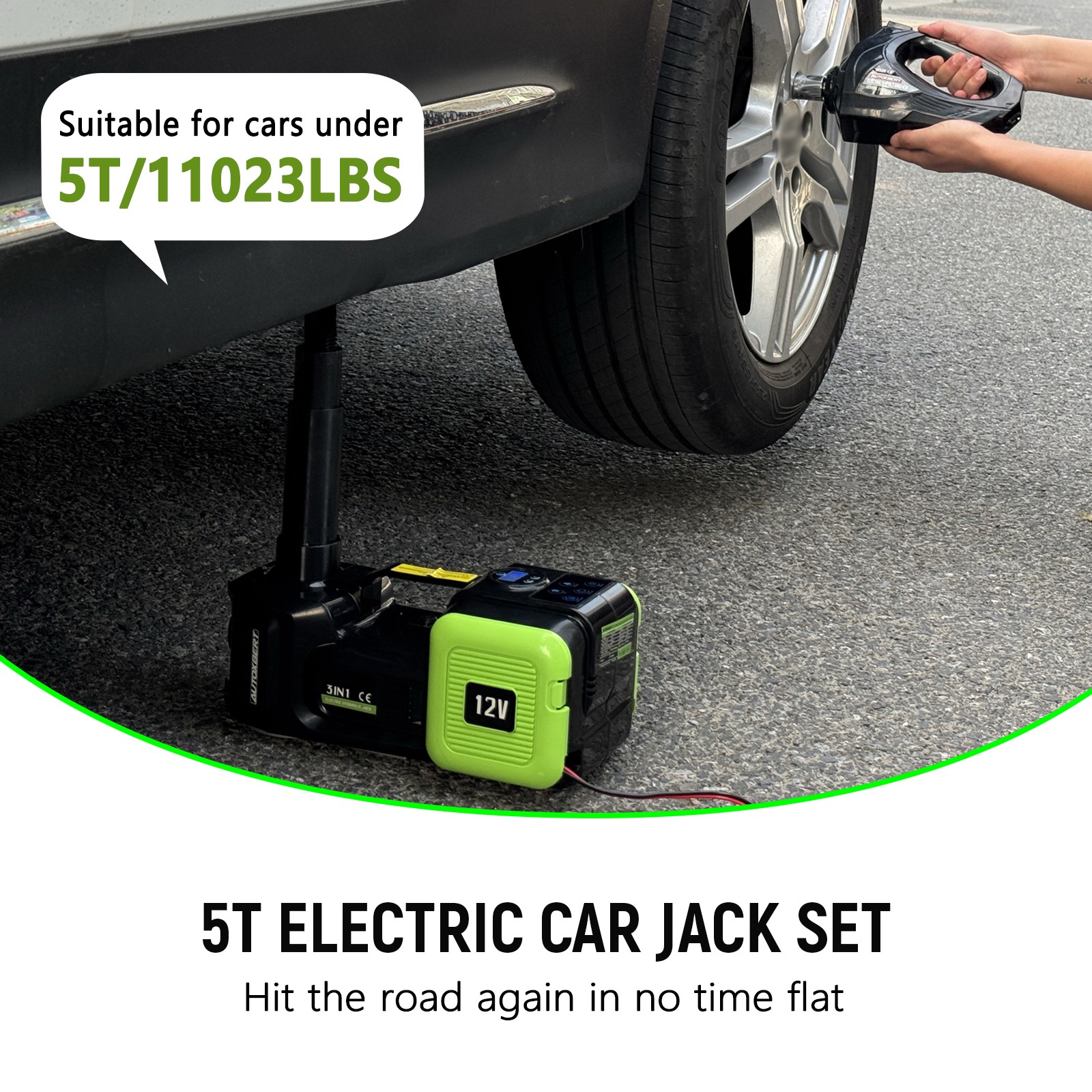 Electric Hydraulic Floor Jack 5 Ton 12V w/ Tire Inflator Air Pump Repair Kit Car