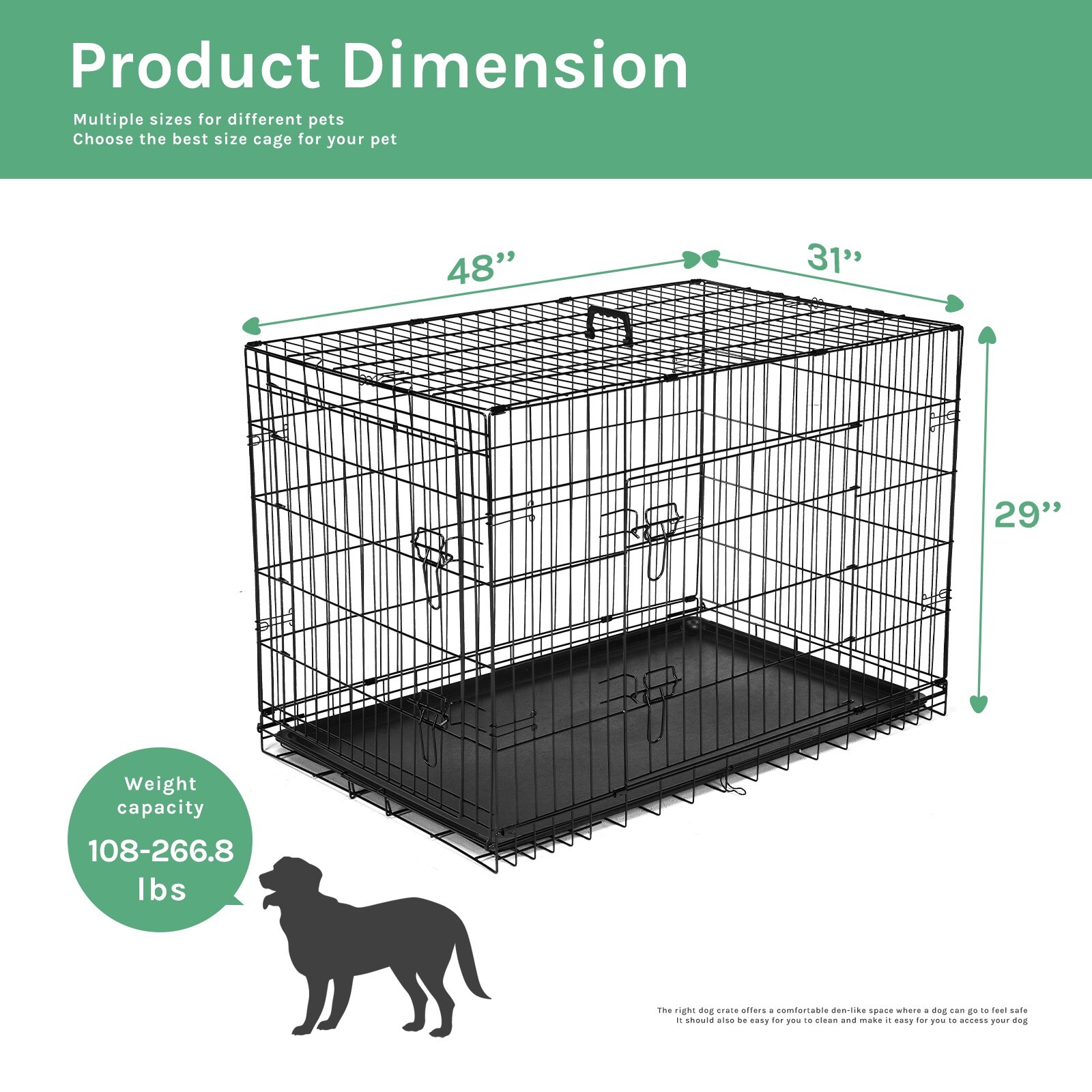 Double Door Dog Crate Pet Cage Removable Tray Divider Panel Wire Metal Kennel