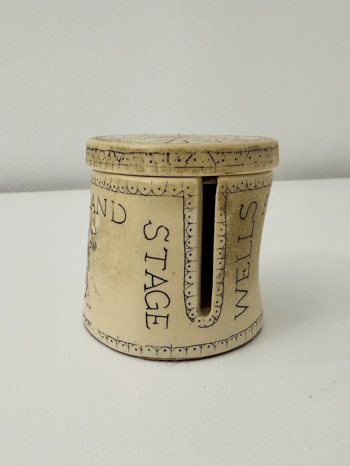 Wells Fargo Scrimshaw Stamp Dispenser with Lid Vintage Stamp Holder