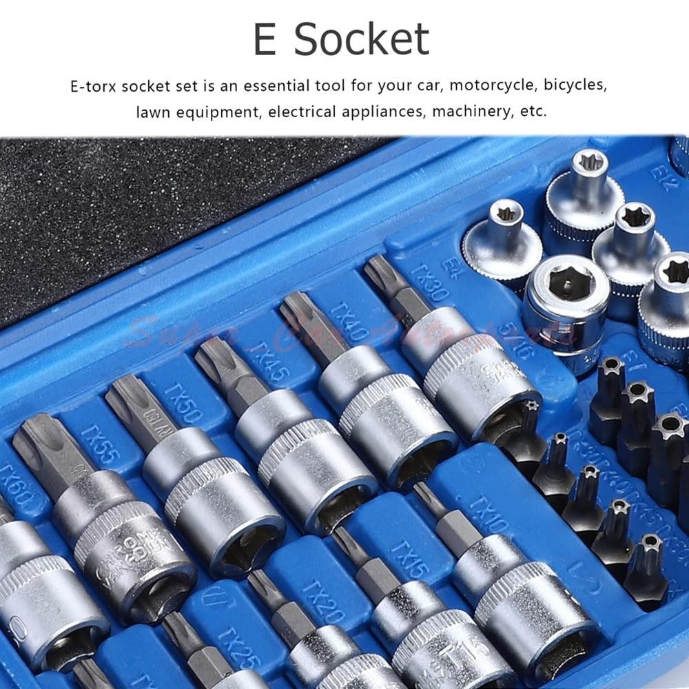34pcs Torx Star Sockets & Bit Set Male Female E-torx Security Bits 3/8 Drive