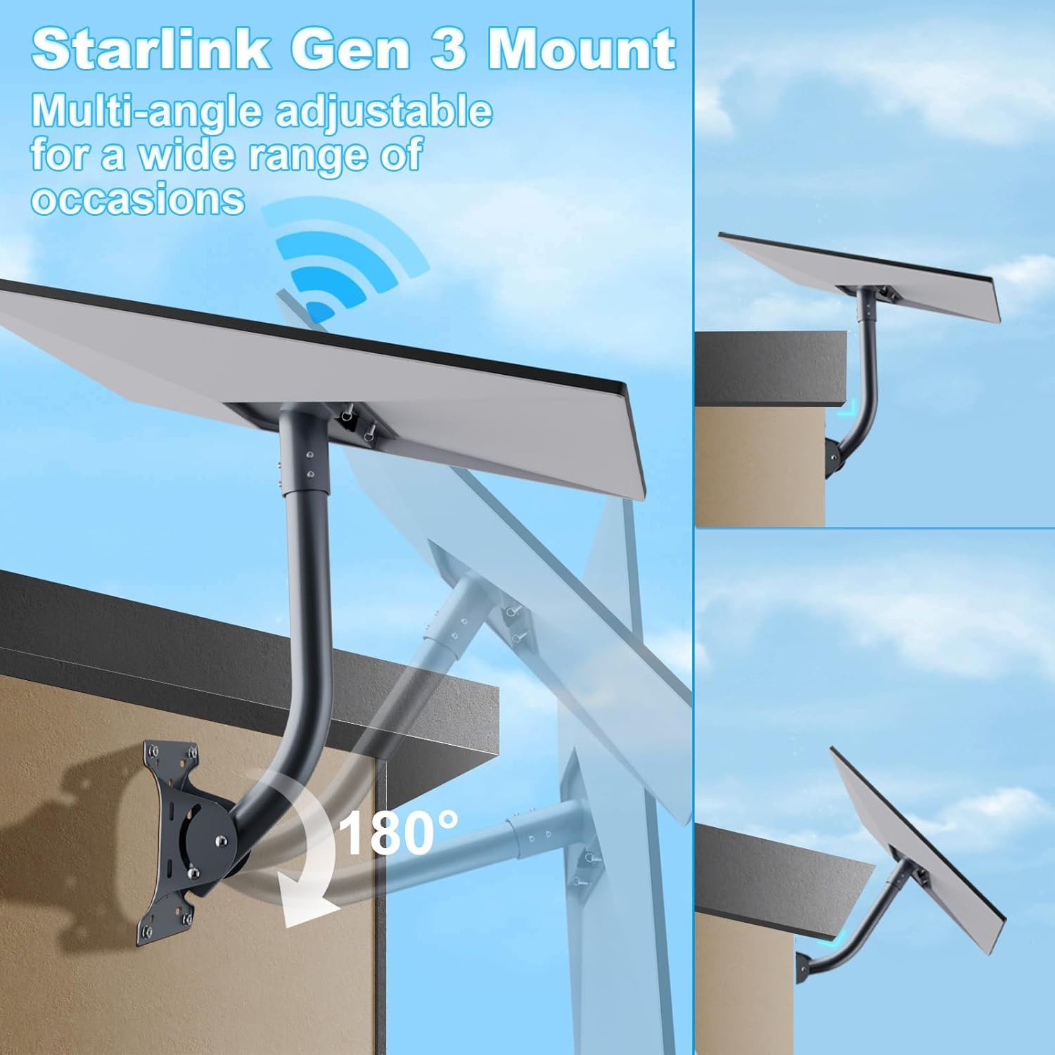 Starlink Gen 3 Mount, 180° Adjustable, Heavy-Duty Metal, Gray, Wall/Roof Mount