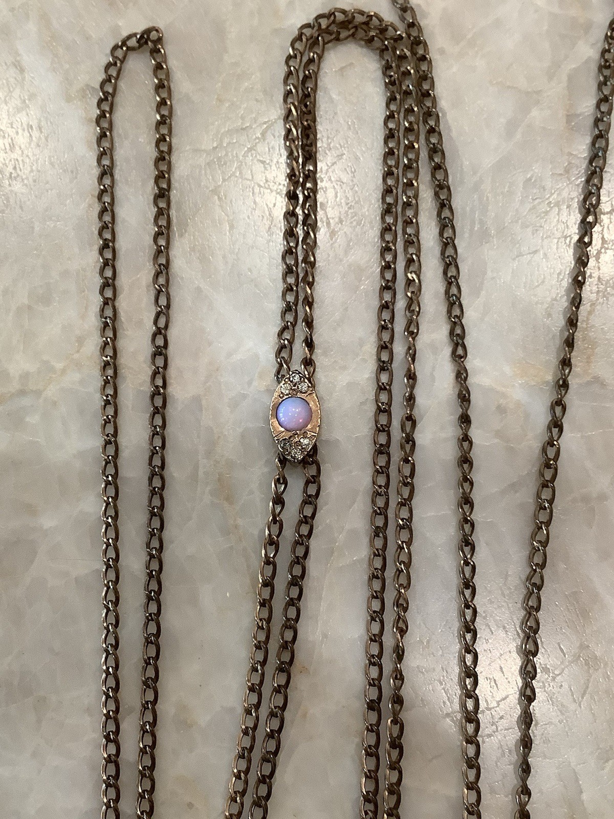 Vintage Antique Rose Gold Filled 46" Watch Chain & Opal Diamonds Slide