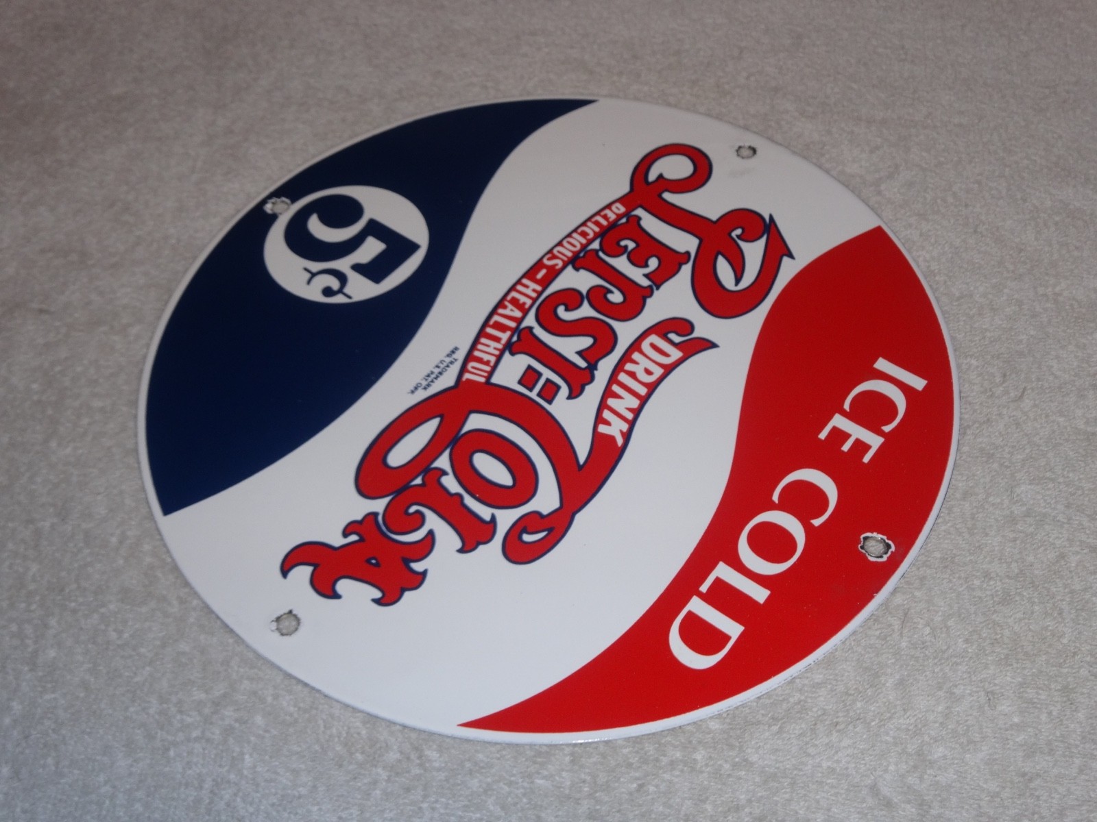 VINTAGE DRINK PEPSI COLA 5 CENTS! 11 3/4" PORCELAIN METAL SODA GASOLINE OIL SIGN