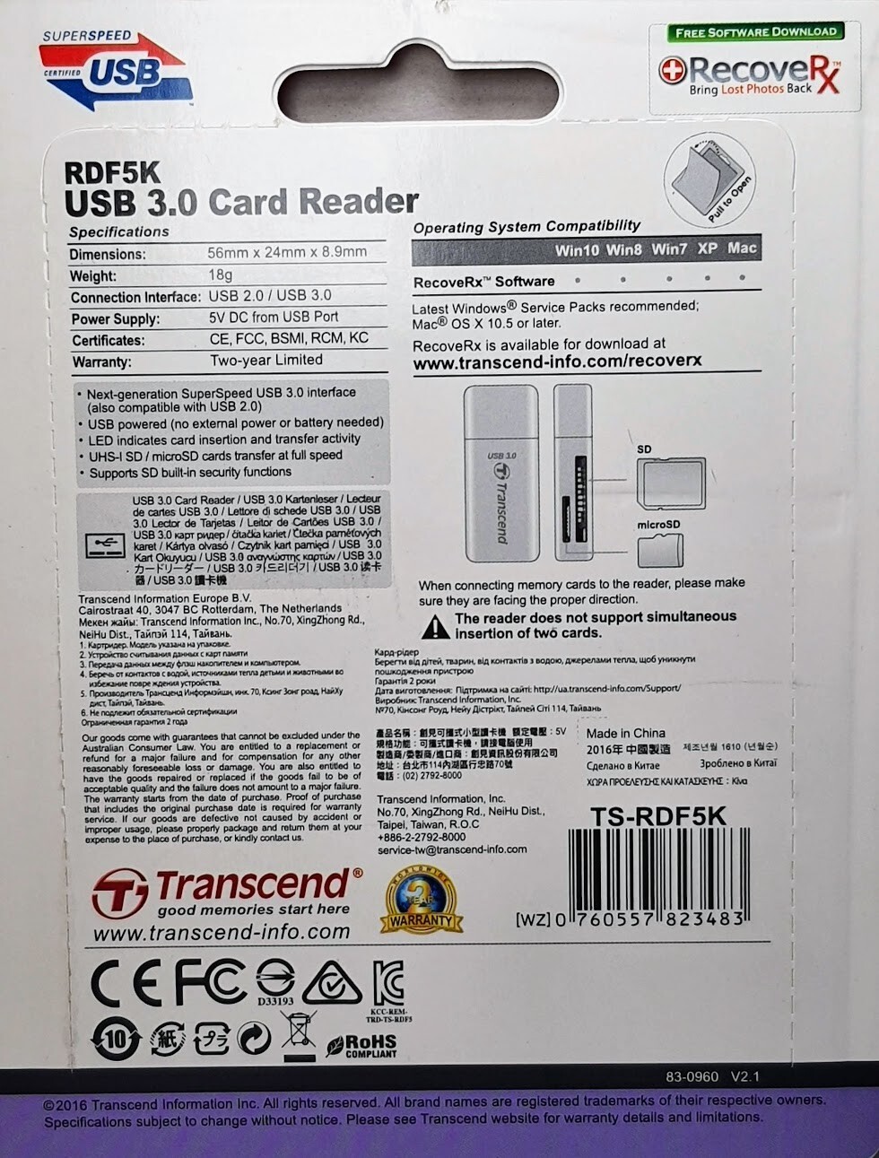 Transcend High-Speed RDF5K USB3.0 SDHC SDXC Micro SDHC Micro SDXC Card Reader SD
