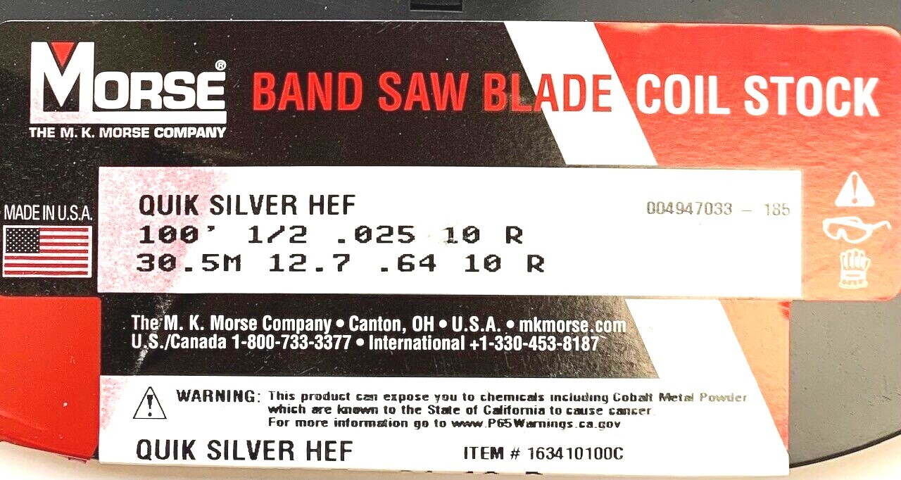 100' x 1/2 x 10R CARBON FLEX BACK BANDSAW COIL STOCK - USA MK Morse - New!!