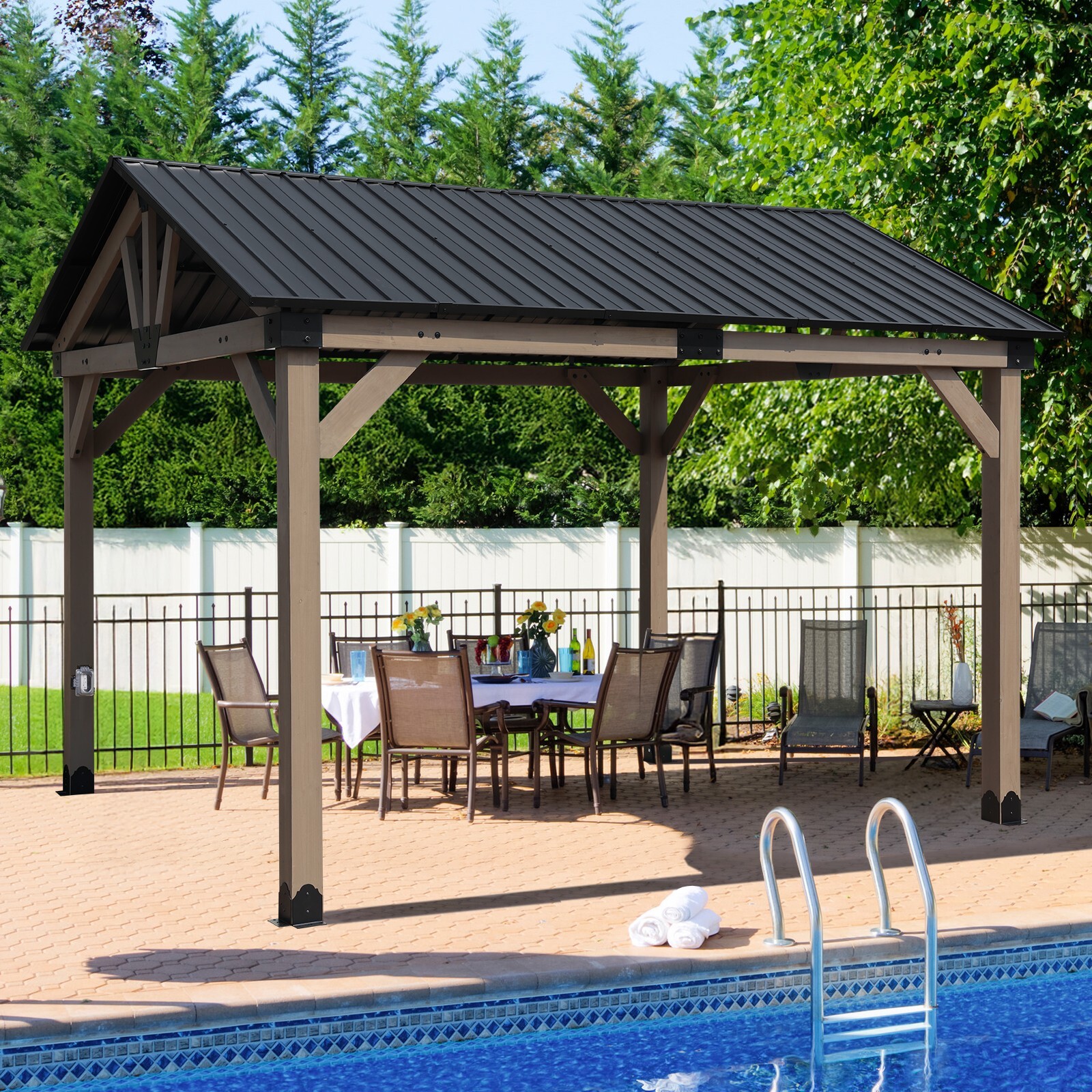 Aoodor 10'x 12' Hardtop Gazebo Outdoor Cedar Wooden Frame with Waterproof Socket