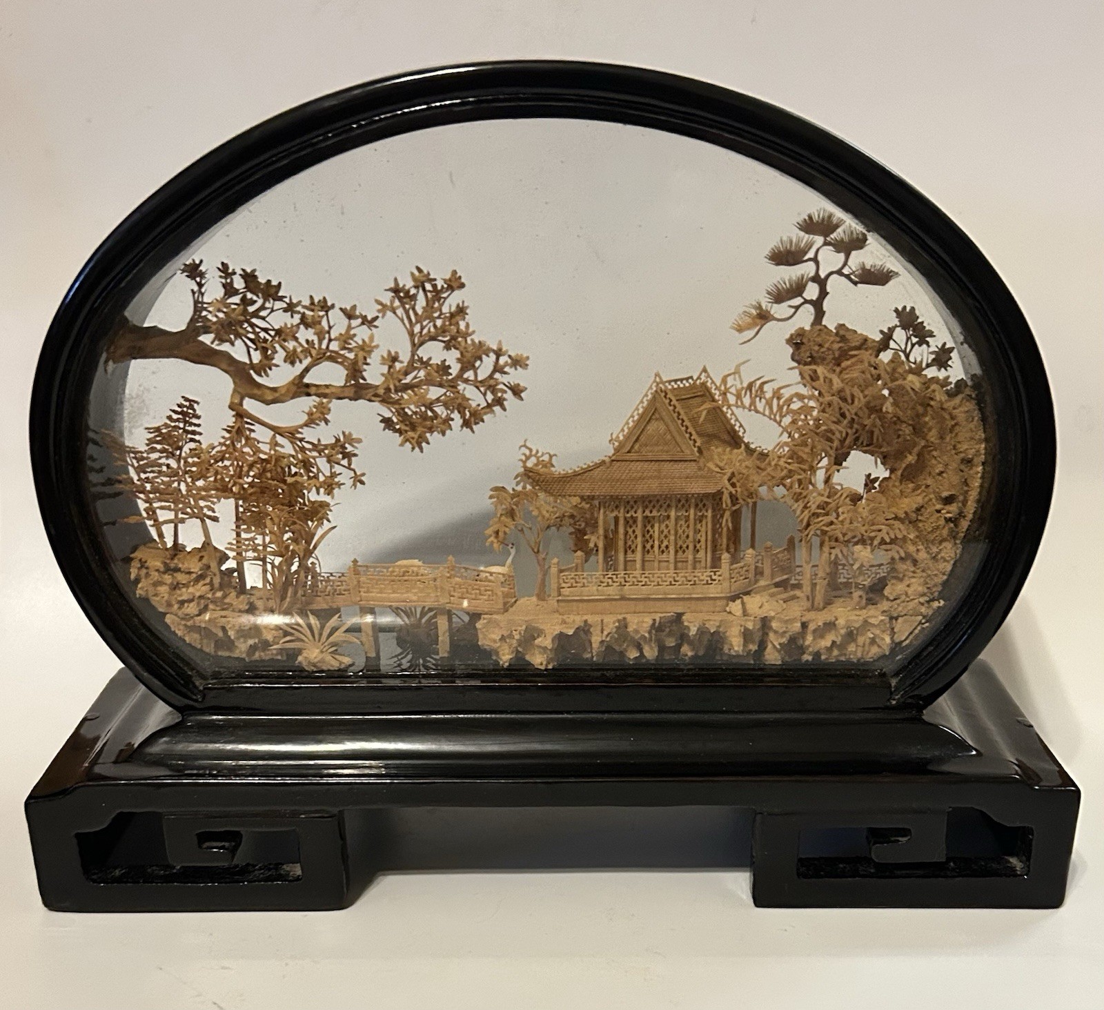 Vintage Chinese Cork Diorama Scenic Art in Glass Frame, Fujian China