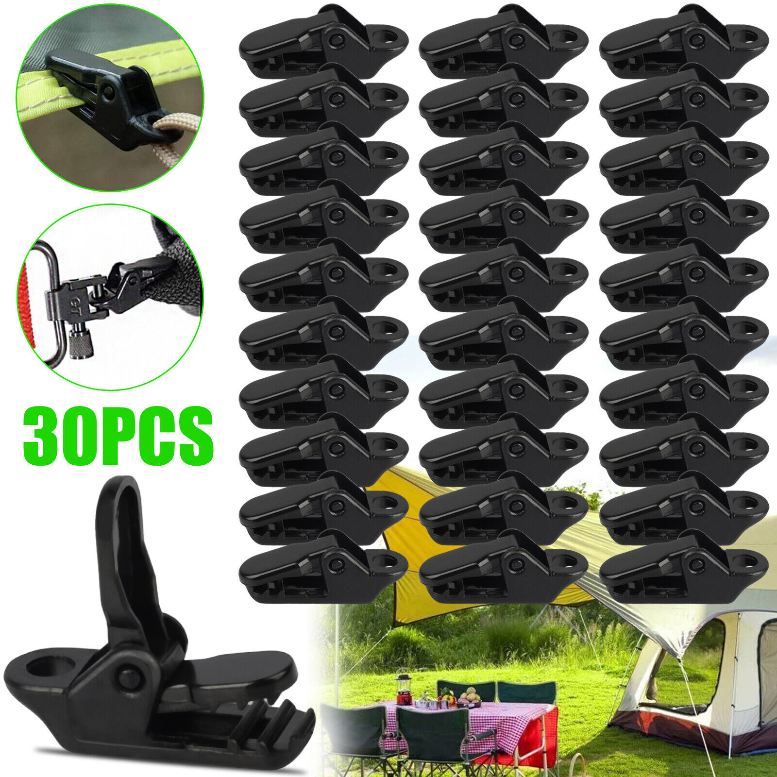30Pcs Reusable Tent Tarp Tarpaulin Clip Heavy Duty Clamp Buckle Camping Tool Set