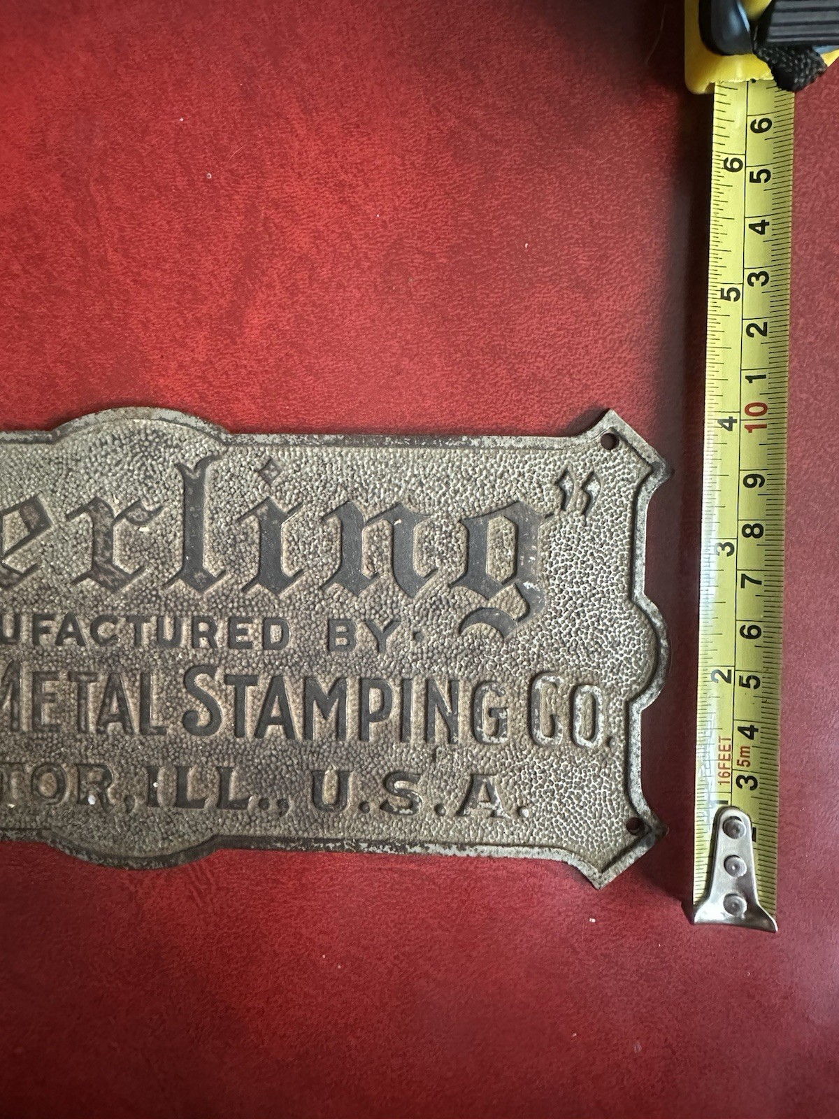 Antique Metal Plaque Nameplate Sterling Streator Metal Stamping co. Illinois
