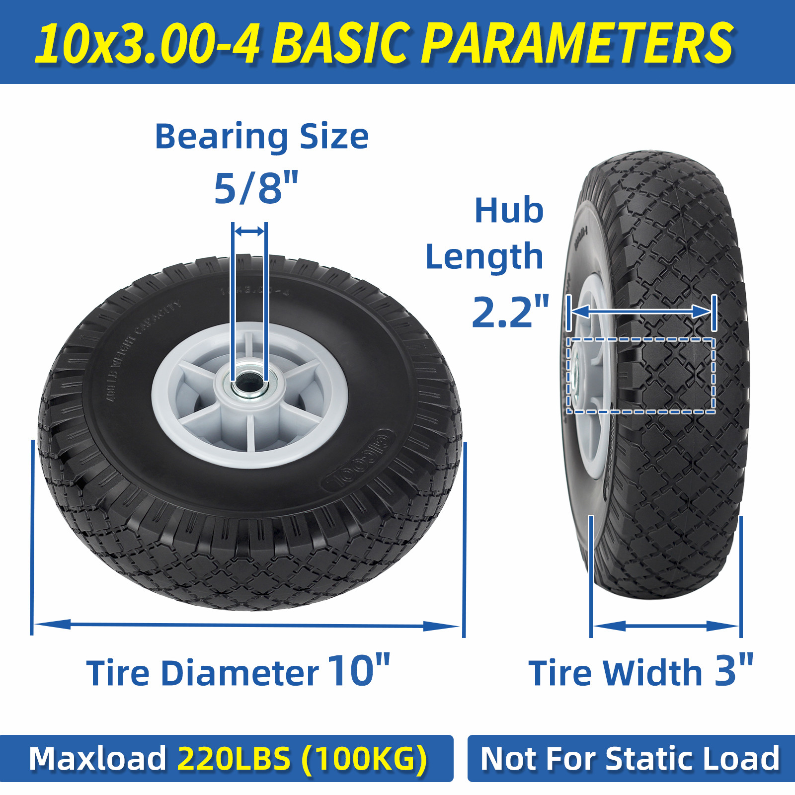 2 Pack 10 x 3.00-4 Flat Free Tire & Wheel for Cosco Hand Trucks Trolley Carts