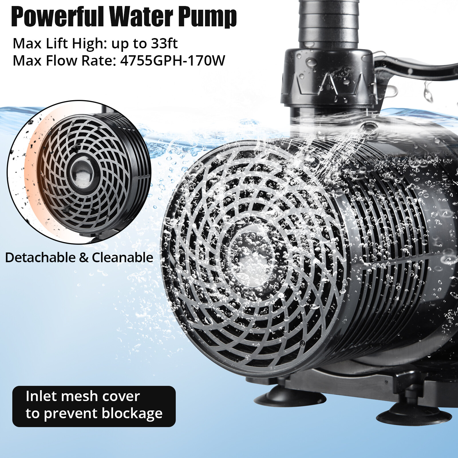 4755GPH Submersible Water Pump 170W Pond Pump with 33FT Lift Height for Aquarium