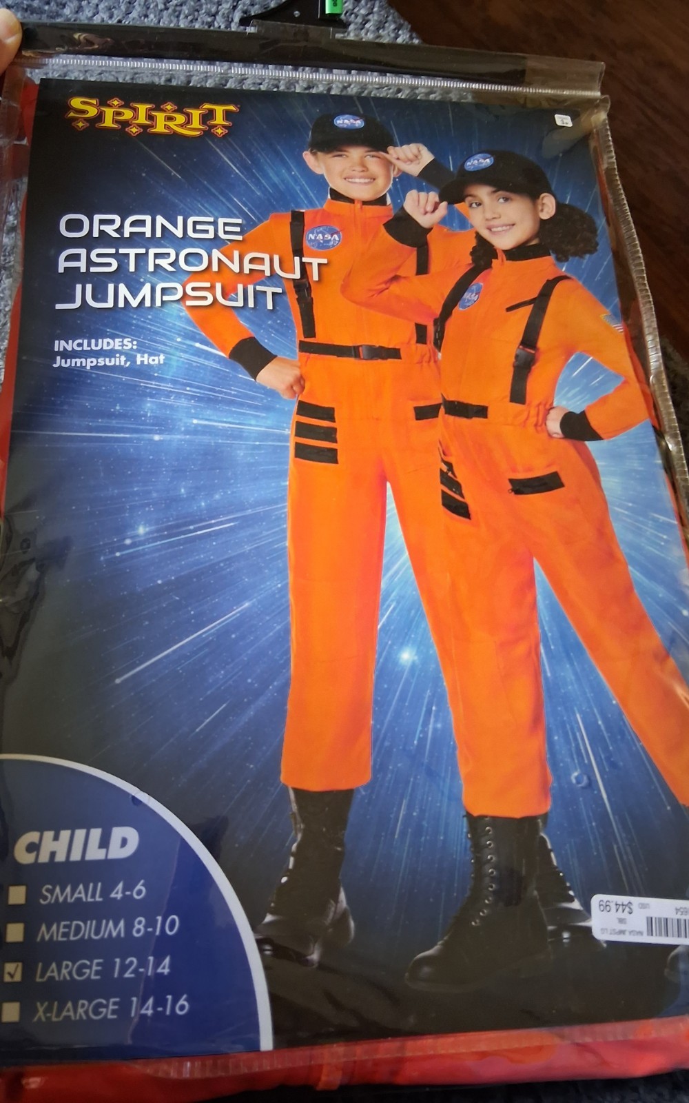 NEW Spirit Halloween NASA Orange Astronaut Costume  Size Large 12-14 W/ Hat