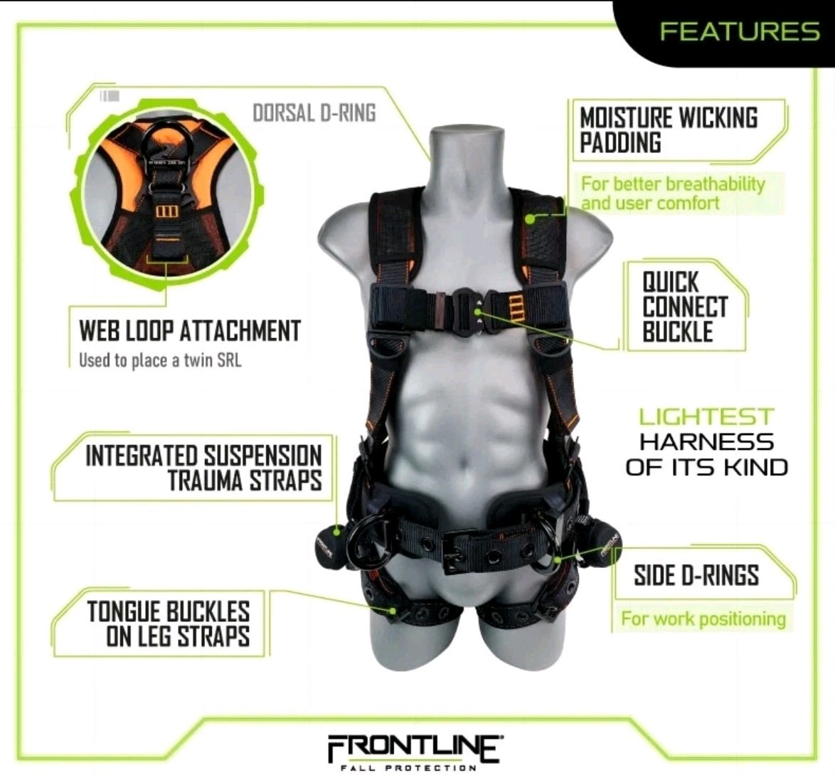 Frontline 110CTB Size M/L Combat Lite Full Body Harness all Aluminum Hardware