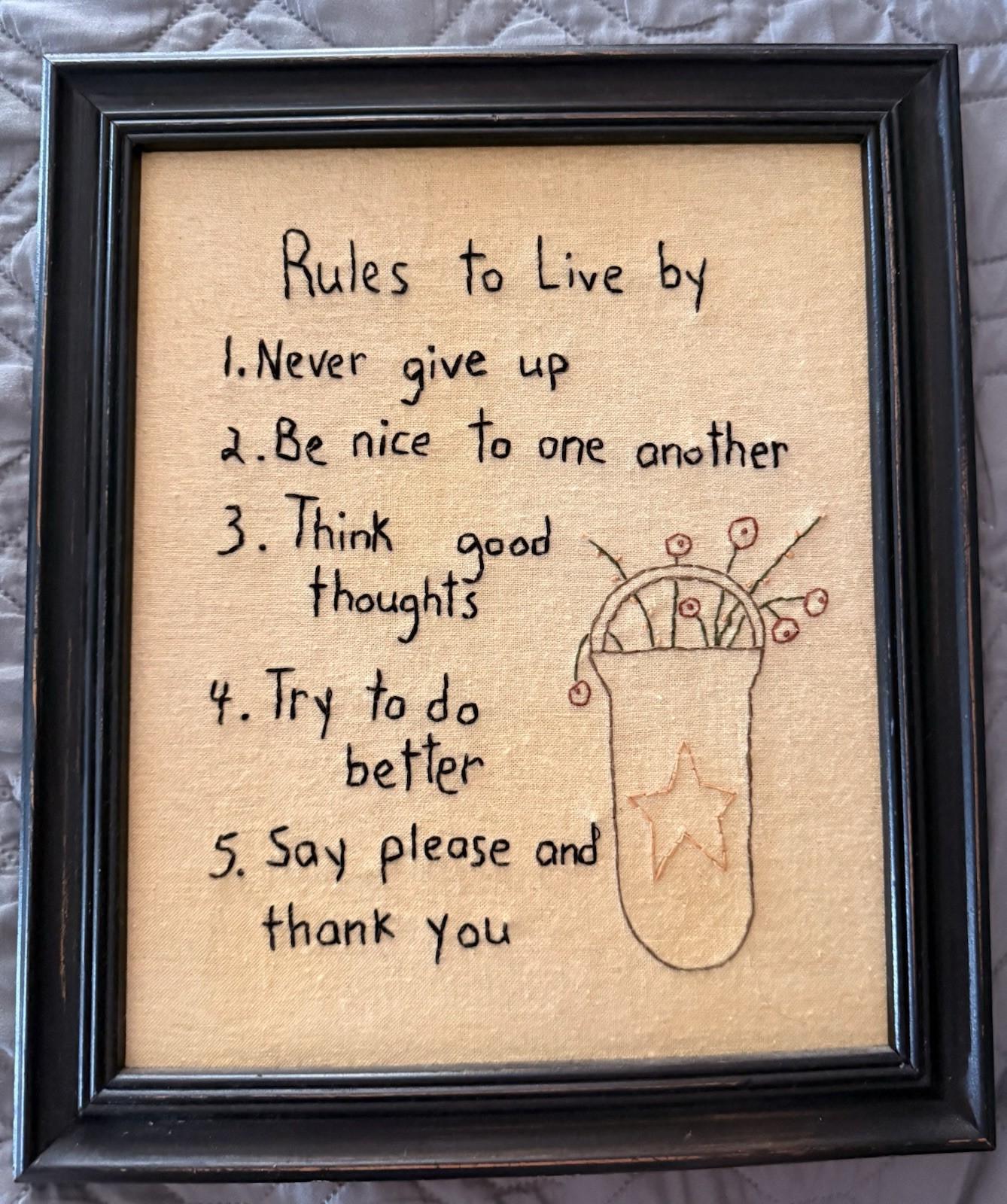 Primitive Wood Framed Embroidered Rules to Live By Flower Basket 14" × 12"