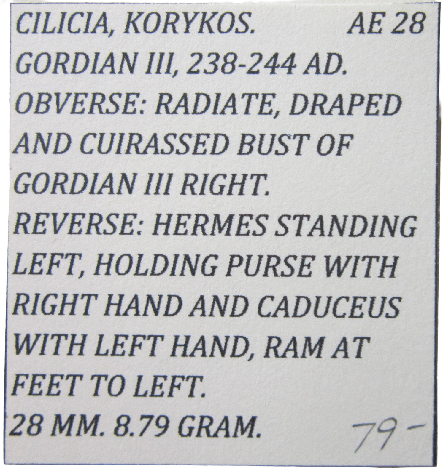 CILICIA, KORYKOS. AE 28. GORDIAN III, 238-244 AD. HERMES REVERSE. SCARCE.