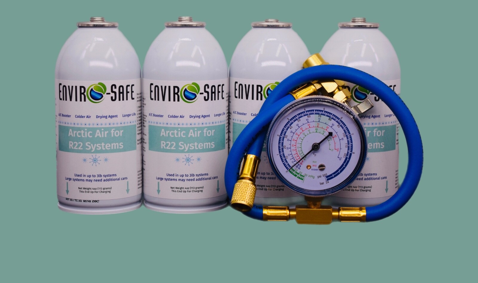 Arctic Air for R22 | 4 Cans + Brass Gauge  | 4oz EnviroSafe | Get Colder Air!