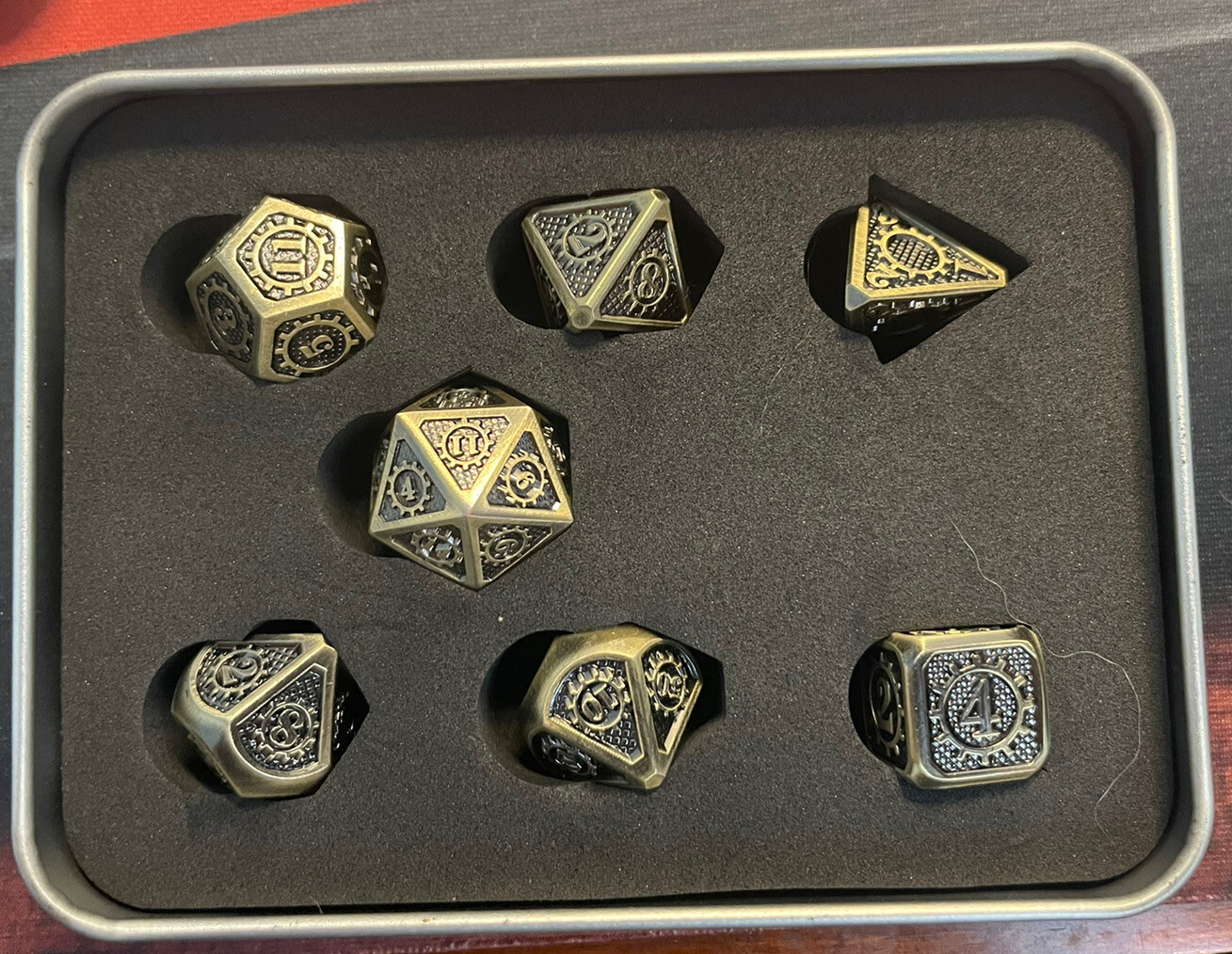 Metal Dice Set - 7 Dice - Gold Gear Theme/Color - D4 through D20 - DND