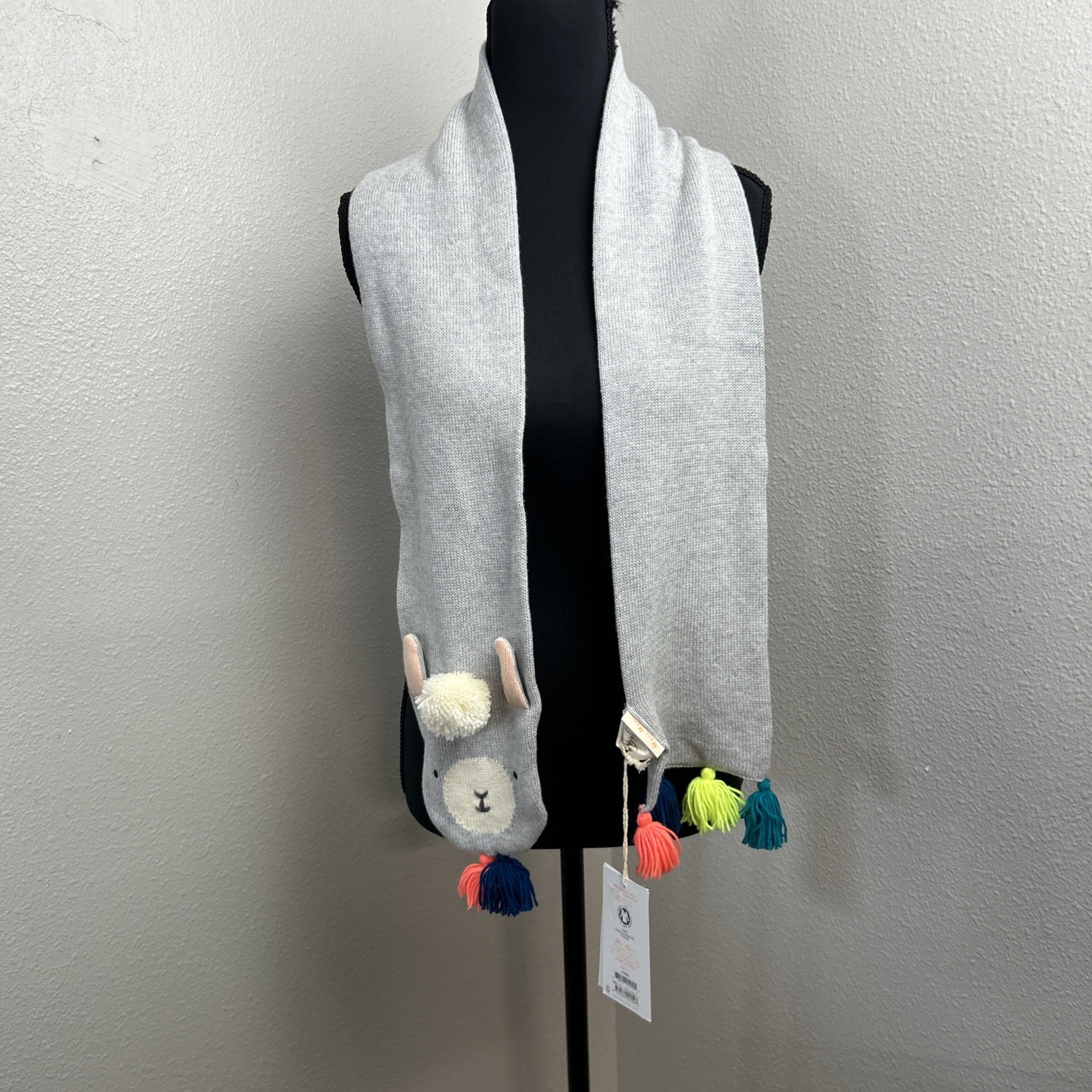 NWT Meri Meri Organic Cotton Scarf Gray Lama Bright Tassels Kids 3+ Fun Cozy