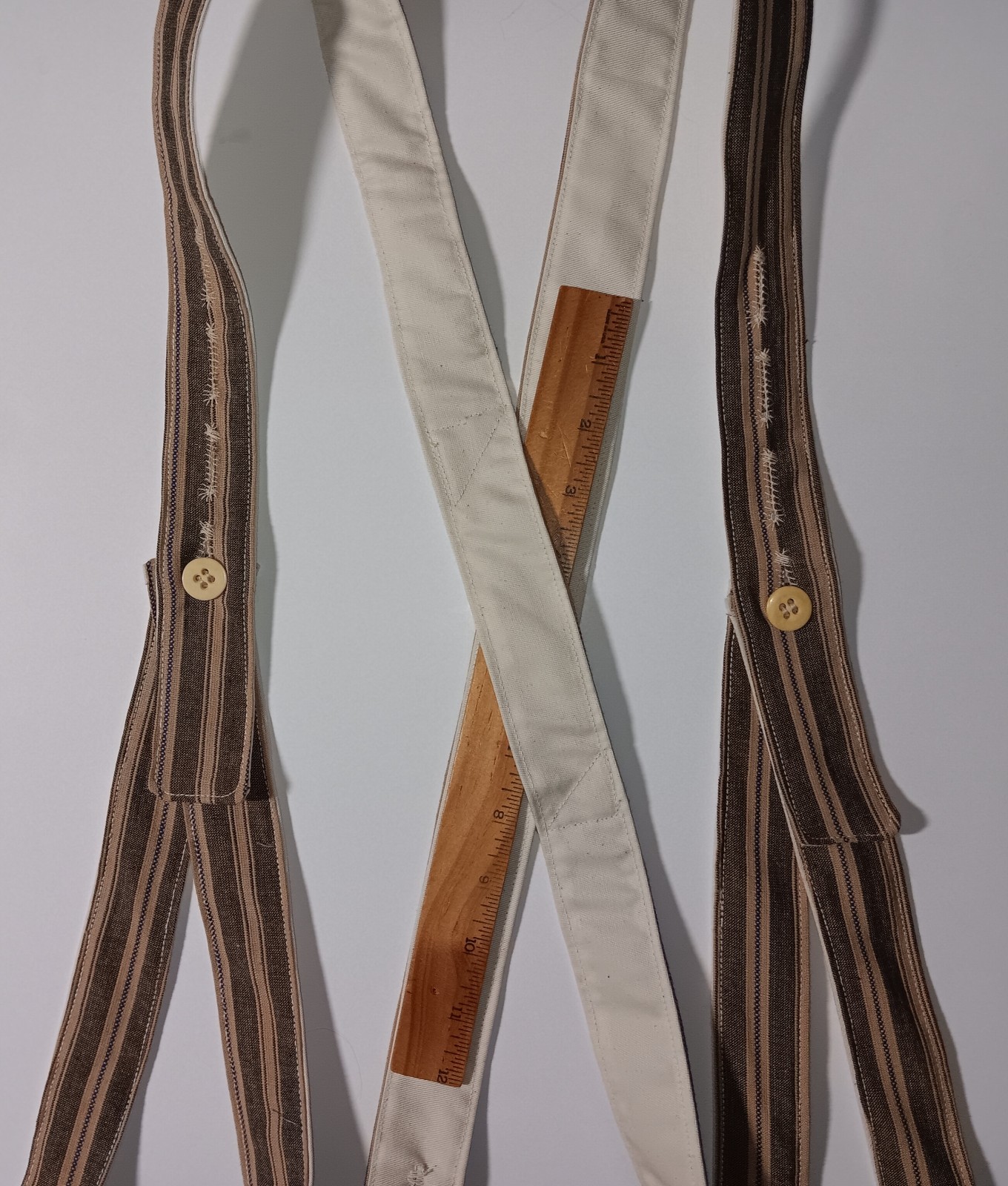 Civil War Braces TEA DYE GRAY BLUE sewn on Period Hand Crank Sewing Machine