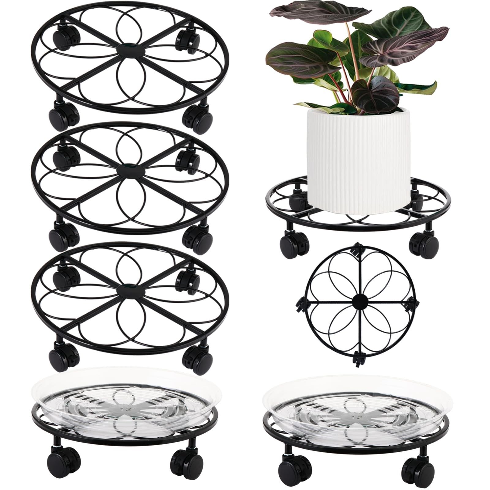 5 Packs 13.5 inches Metal Heart Plant Caddy with Wheels Large Rolling Plant S...