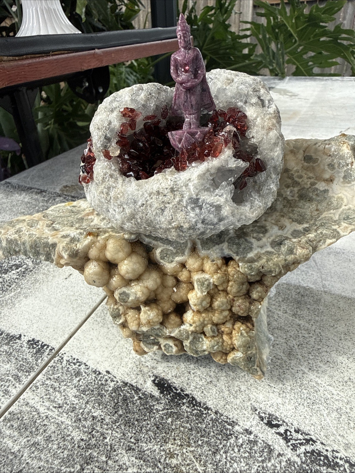 Carved Ruby Buhda On Ocean Jasper Faced Rough, Incredible Orbs Red Crystals 6”