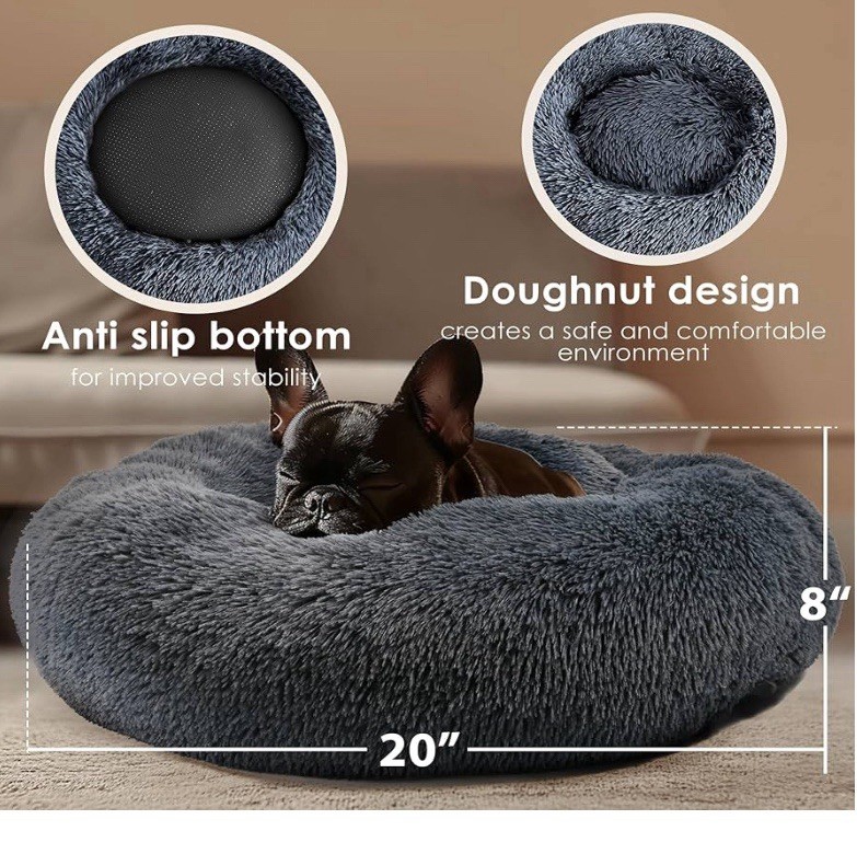 Donut Plush Pet Dog Cat 23" Bed Fluffy Soft Calming Bed Dark Gray
