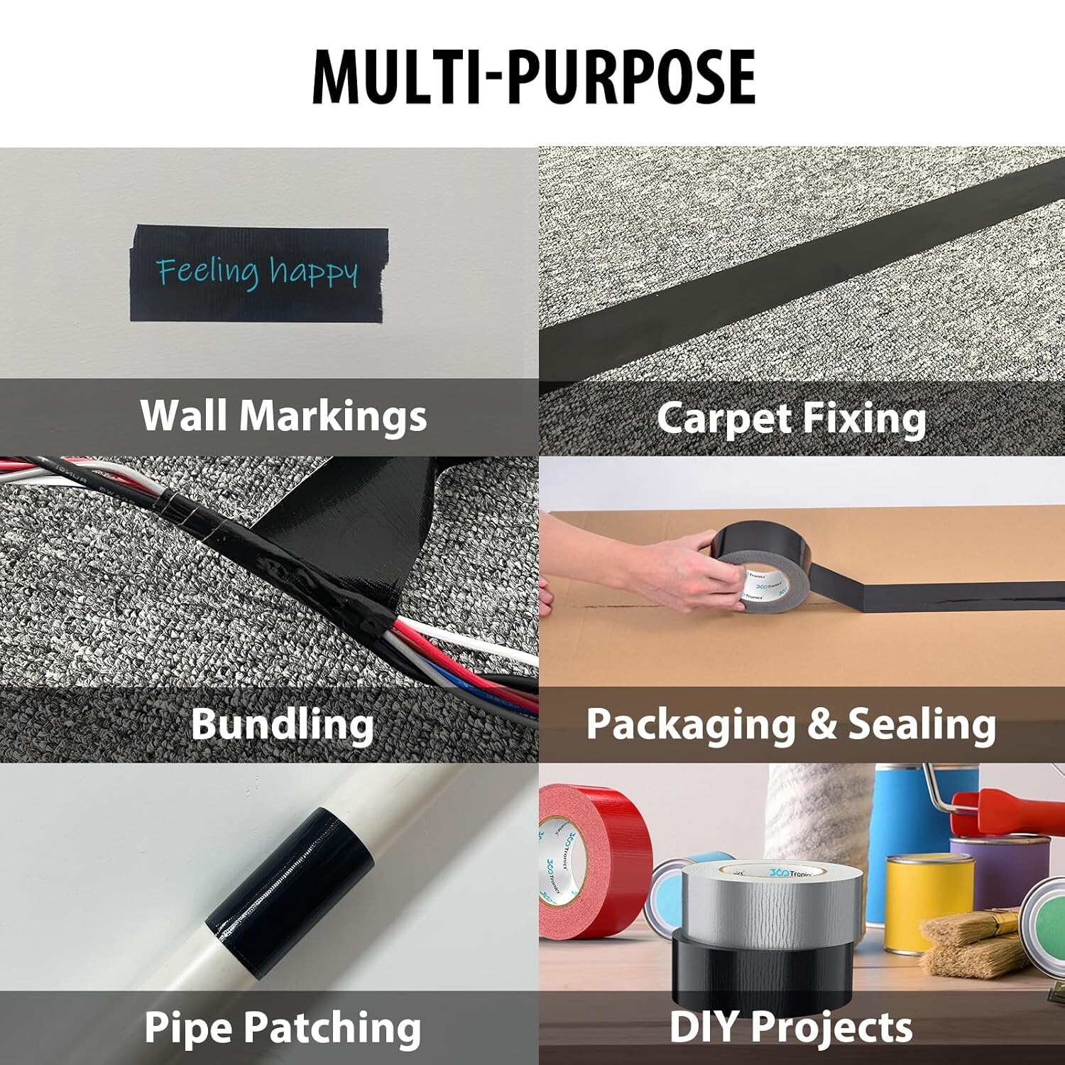 Black Duct Tape Heavy Duty, 2 Inches x 50 Yards Per Roll, Waterproof Outdoor