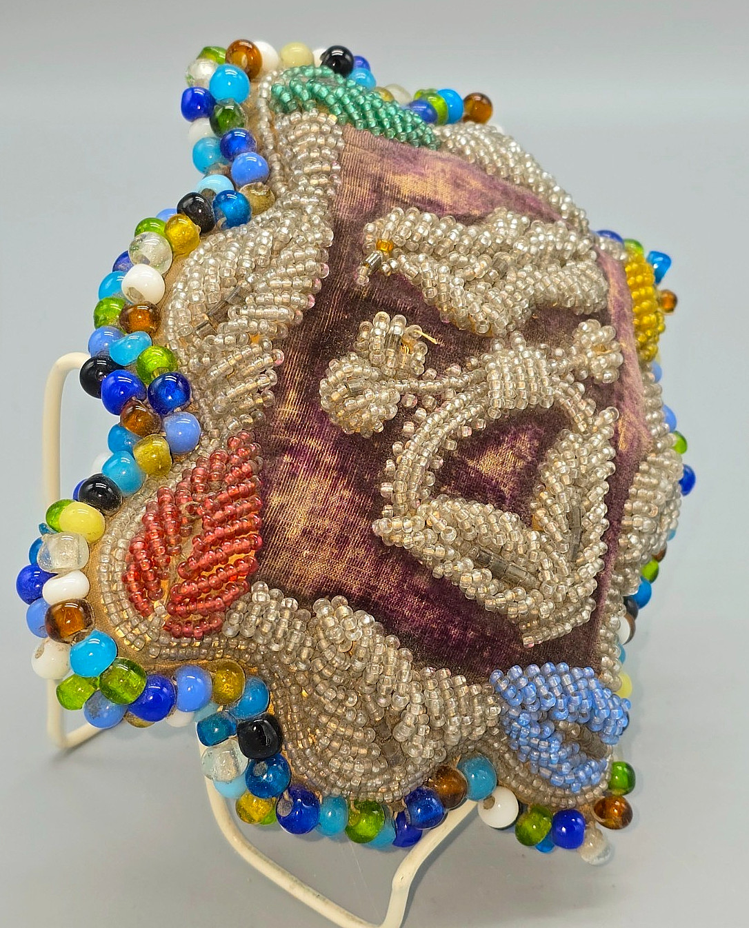 Antique Iroquois Nation 8x6" BEADED BIRD ON BASKET INTRICATE PINCUSHION/WALL ART