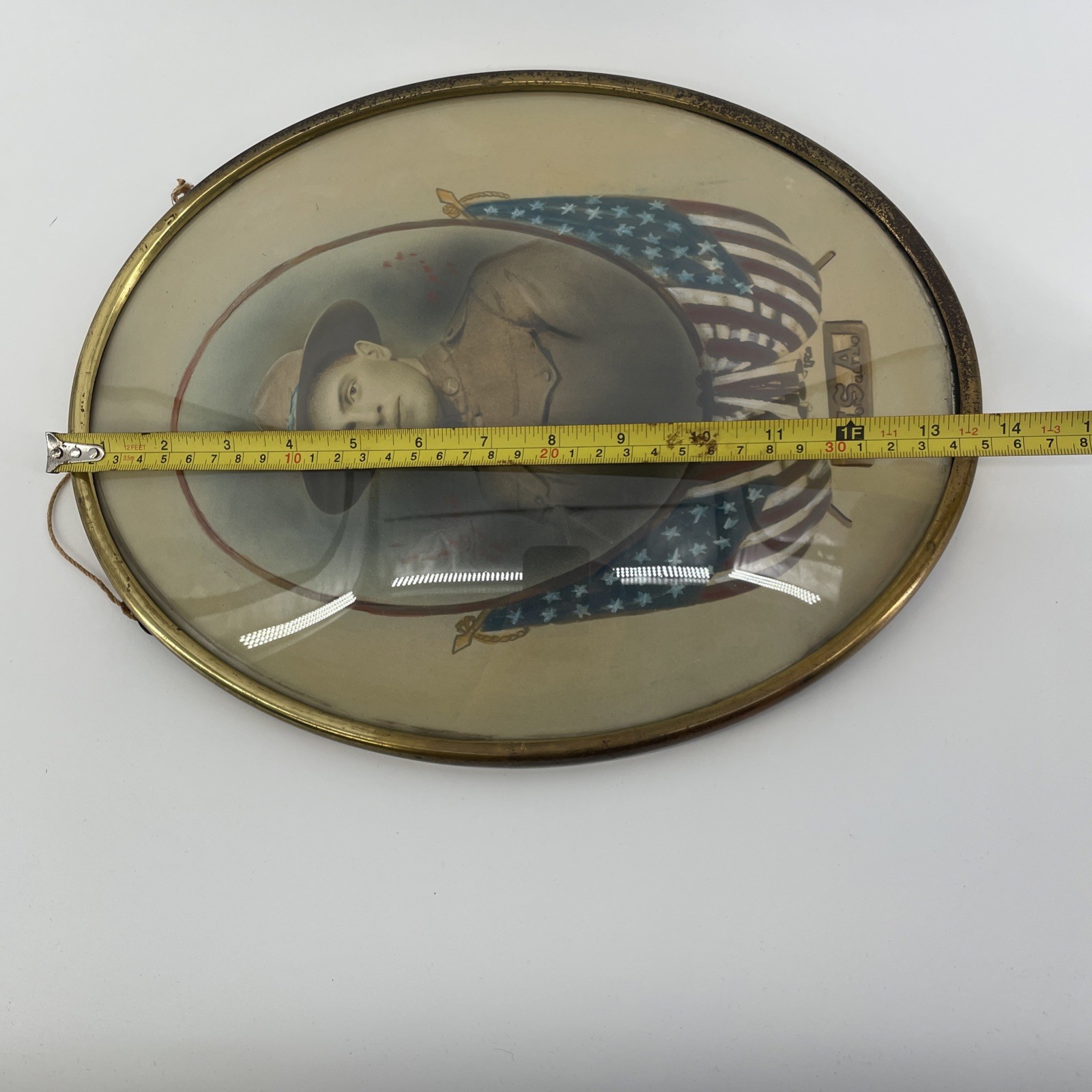 Vintage WW1 Convex Glass Soldier Military Portrait US Army Oval Frame - 14”x11”