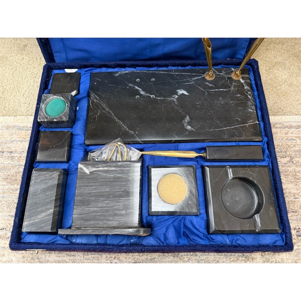 Vintage Marble Desk Set Dual Pen Holders Blotter Inkwell Blue Case