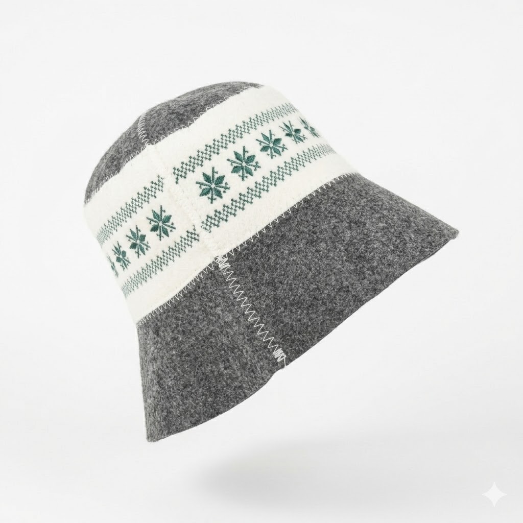 Nordic Style Snowflake Sauna Hat One Size Unisex Grey White Wool Felt Banya Gear