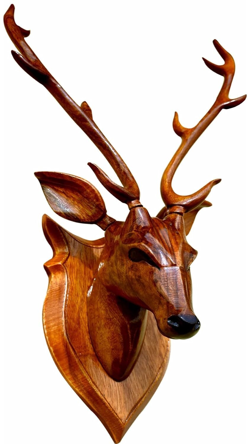 Handcrafted Wood Deer Head with Horn Sculpture Figurine Showpiece Wall Decor