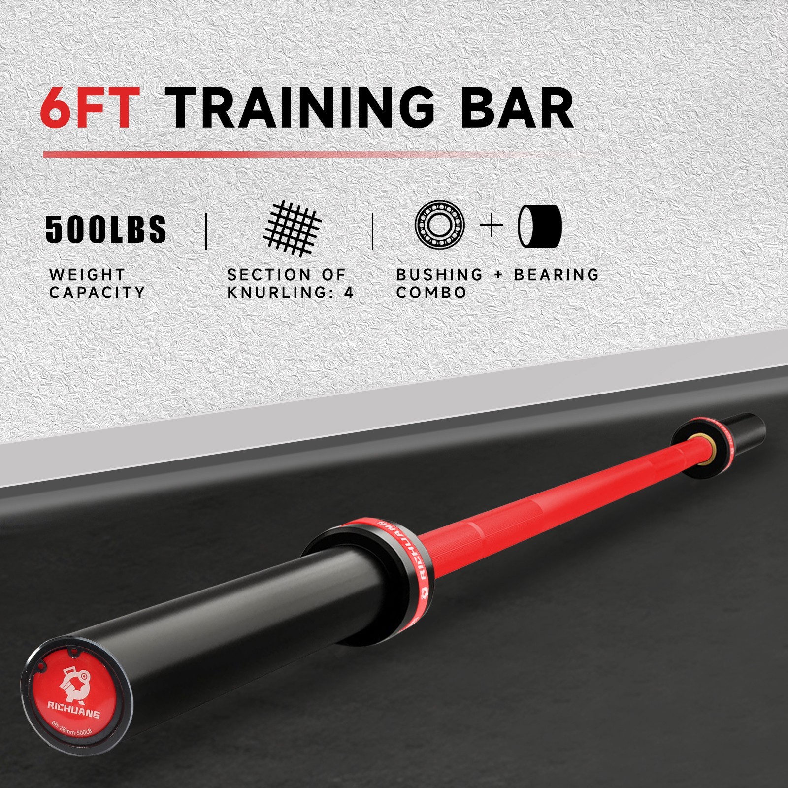 RICHUANG Olympic Barbell 6FT 28mm 500LBS Weightlifting Bar for Home Gym Red/Blue