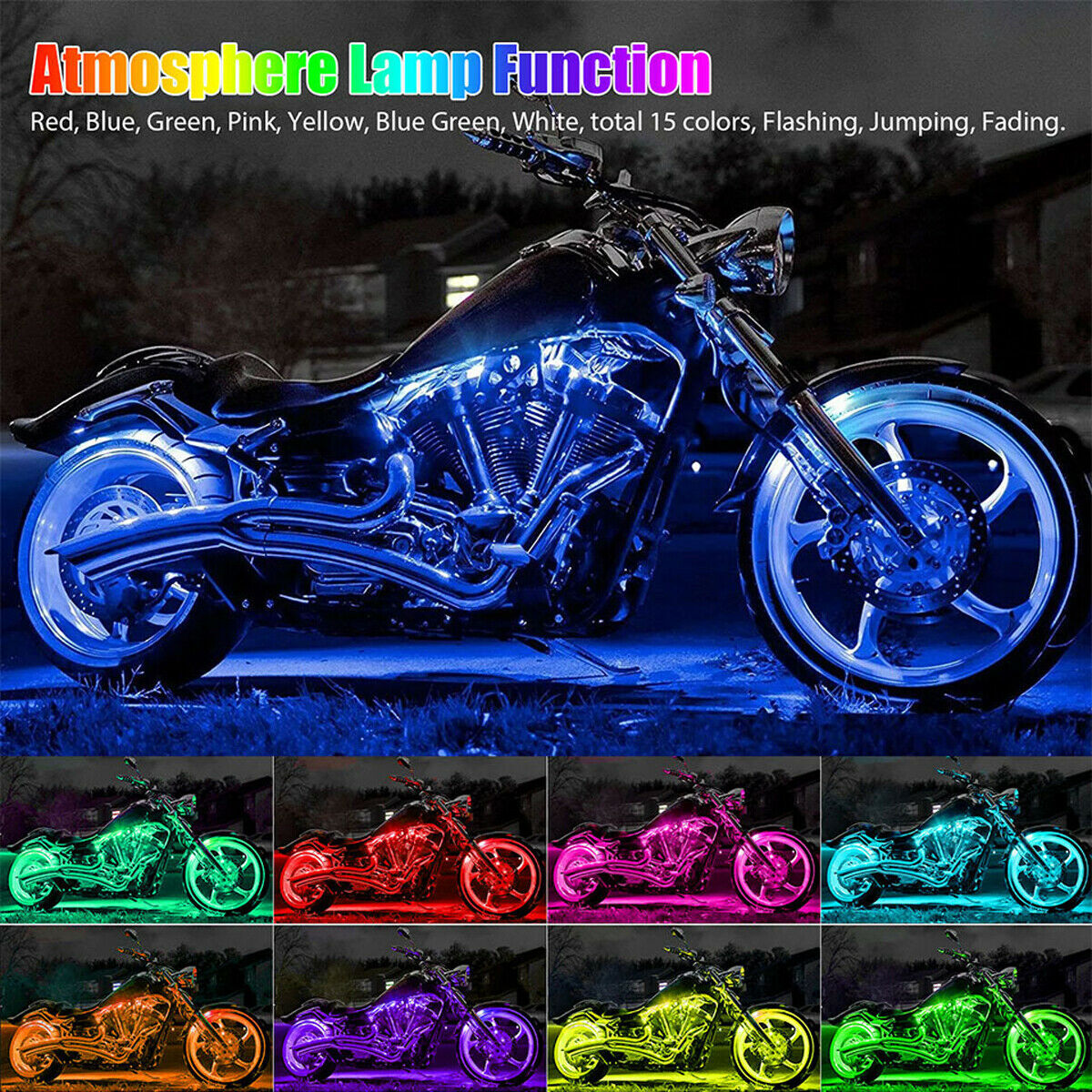 16PCS Motorcycle RGB LED Strip Light Under Glow Neon Kit Bluetooth APP Control