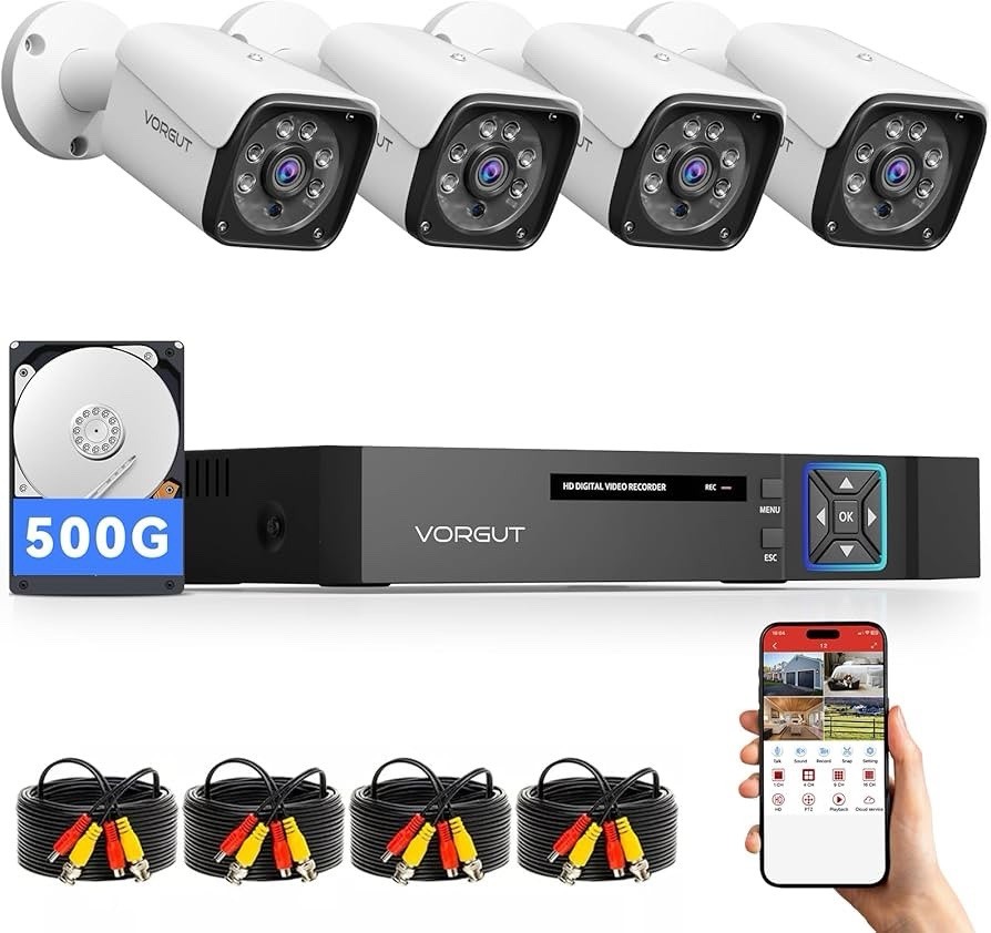 VORGUT Wired Security Camera System 4CH DVR 5MP Lite 4x3MP Cameras 500GB