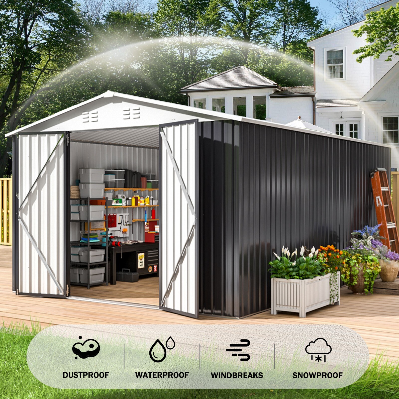 10x14FT Outdoor Metal Storage Shed with Durable Frame and Lockable Door, White