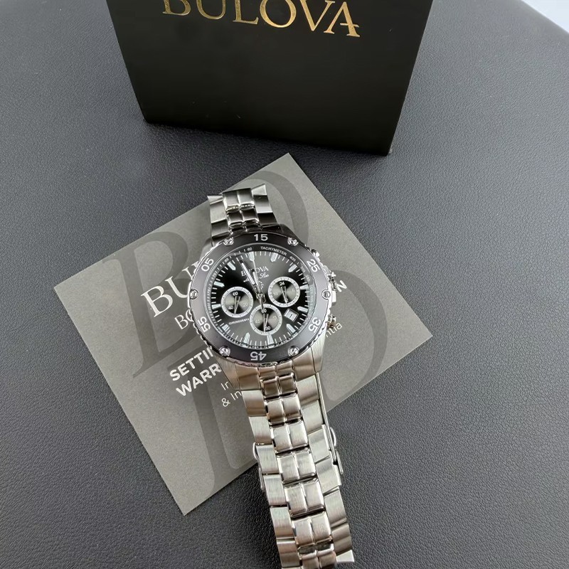 Men Bulova Classic Marine Star Black Dial Chronograph 98B401 Quartz Watch 41.5mm