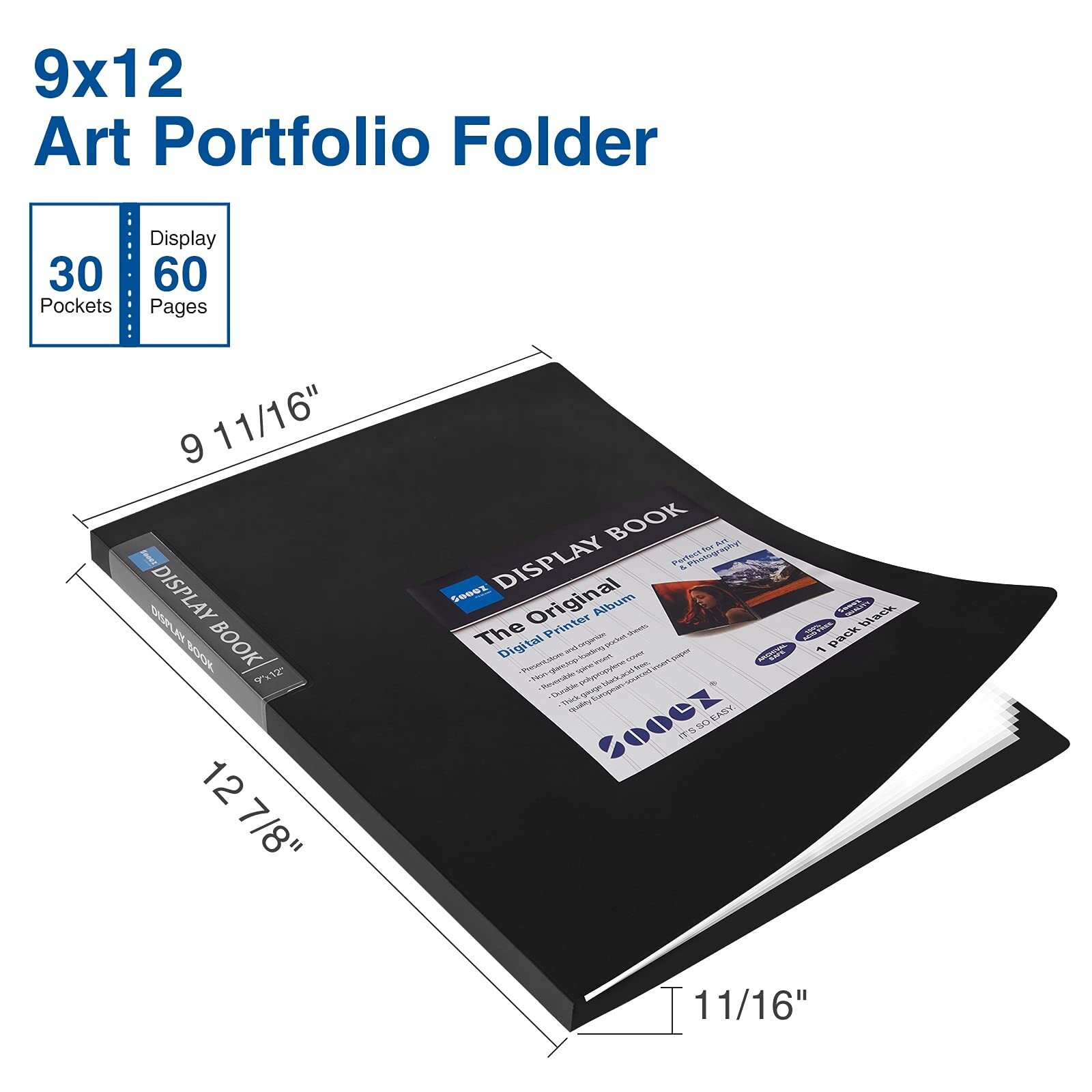 30-Pocket Art Portfolio Binder – 9x12 Black, Display 60 Pages, Presentation Book