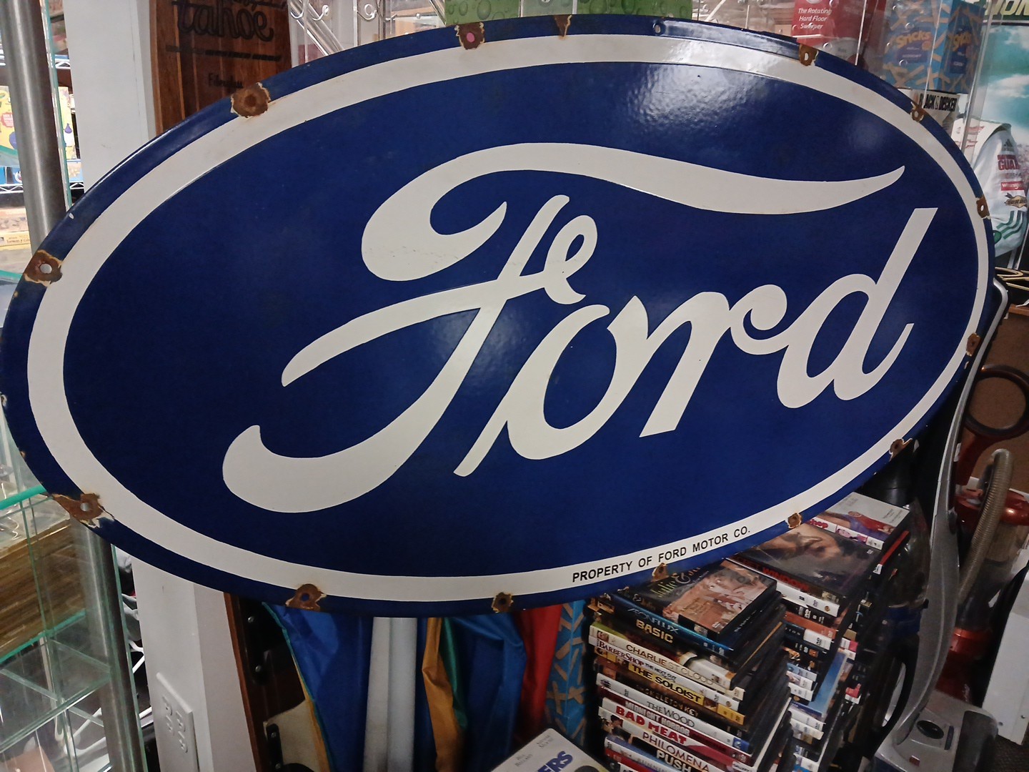VINTAGE LARGE FORD PORCELAIN METAL SIGN 4FT CAR TRUCK AUTO DEALER SALES SERVICE