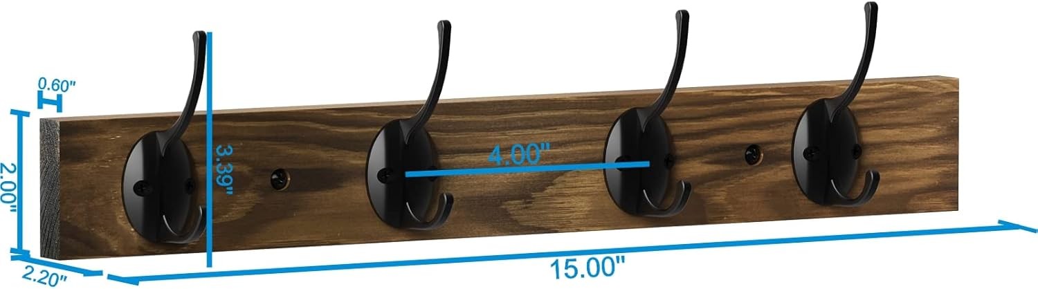 Coat Hooks Wall Mounted, Wooden Hat Rack with 4 for 1 Pack, Brown
