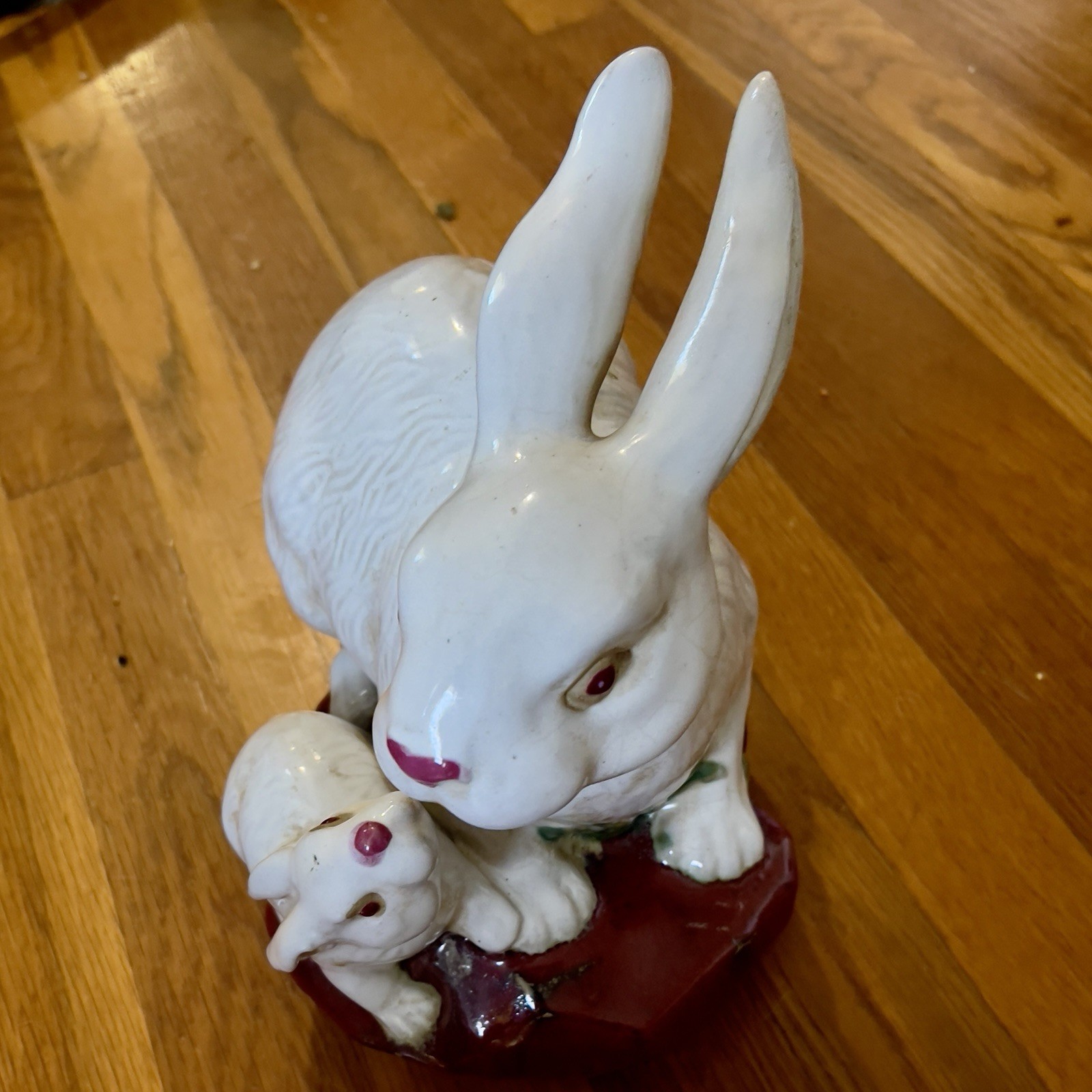 Majolica Rabbit & Baby Bunny vintage Japanese 10" tall 9" long 8" wide