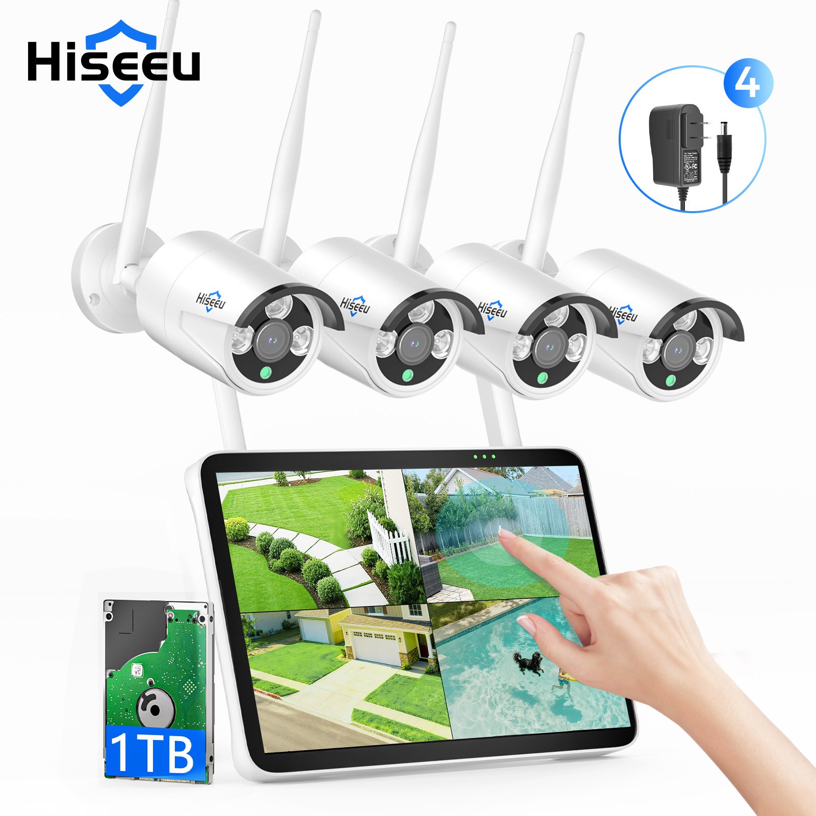 Hiseeu 8MP 10CH 10''Touch Screen NVR WiFi Outdoor Security Camera System HDD Lot